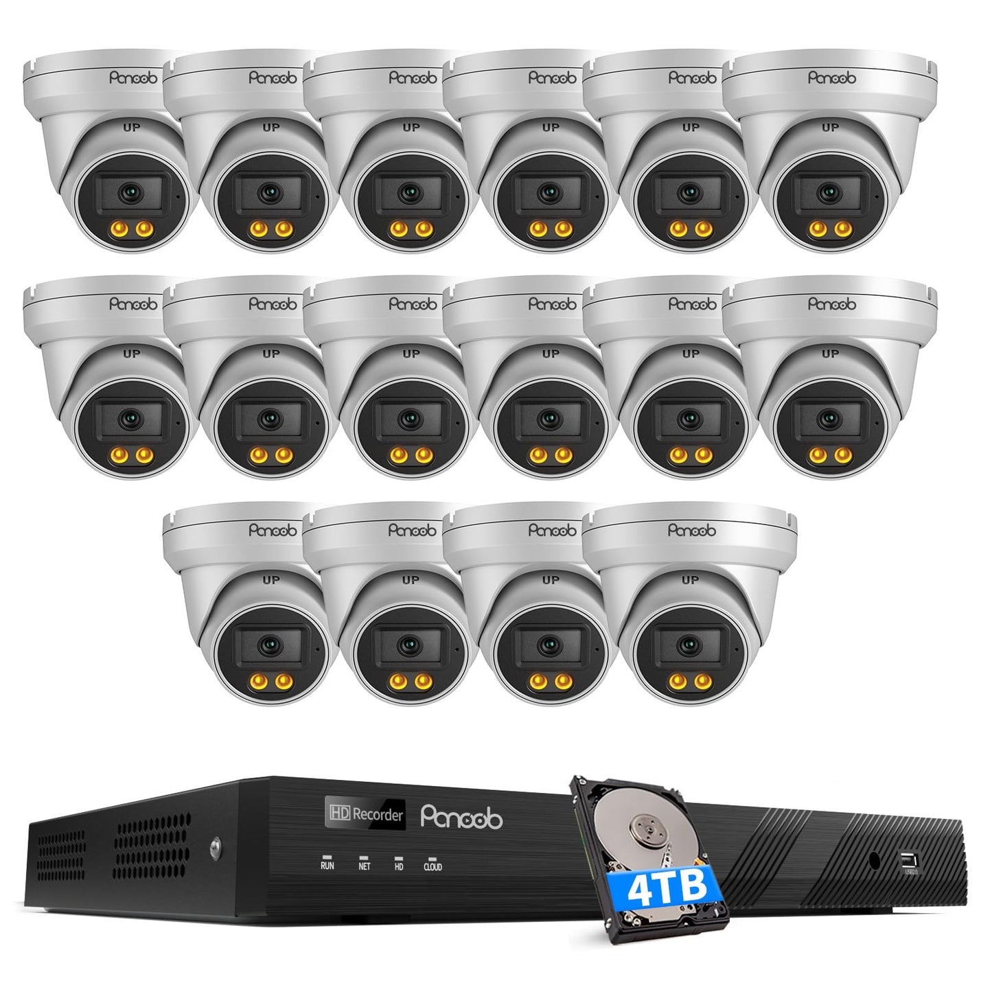 PANOOB 16 Channel Security Camera System 4K PoE, 16x 8MP Wired IP PoE Dome Camera, Spotlight Color Night Vision, Human Vehicle Detection,1-Way Audio Remote Access, 4K 16CH NVR 4TB HDD, PD93BA1616-8MD