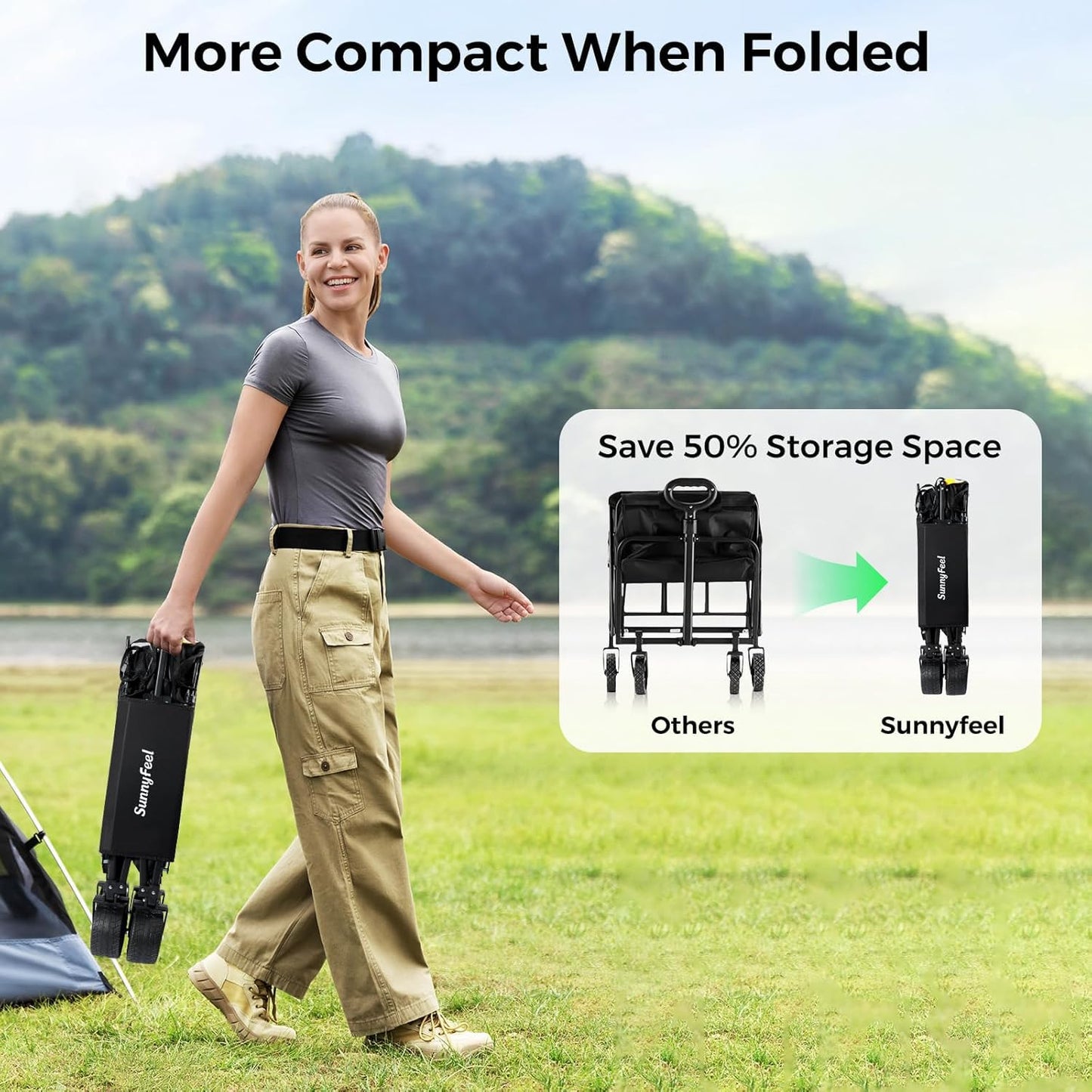 SUNNYFEEL 550L Large Capacity Folding Sports Wagon, 550LBS Heavy Duty Collapsible Cart,Extra High Extender Wagon Cart with Tailgate, All-Terrain Big Wheels for Camping Fishing & Outdoor Use，Black