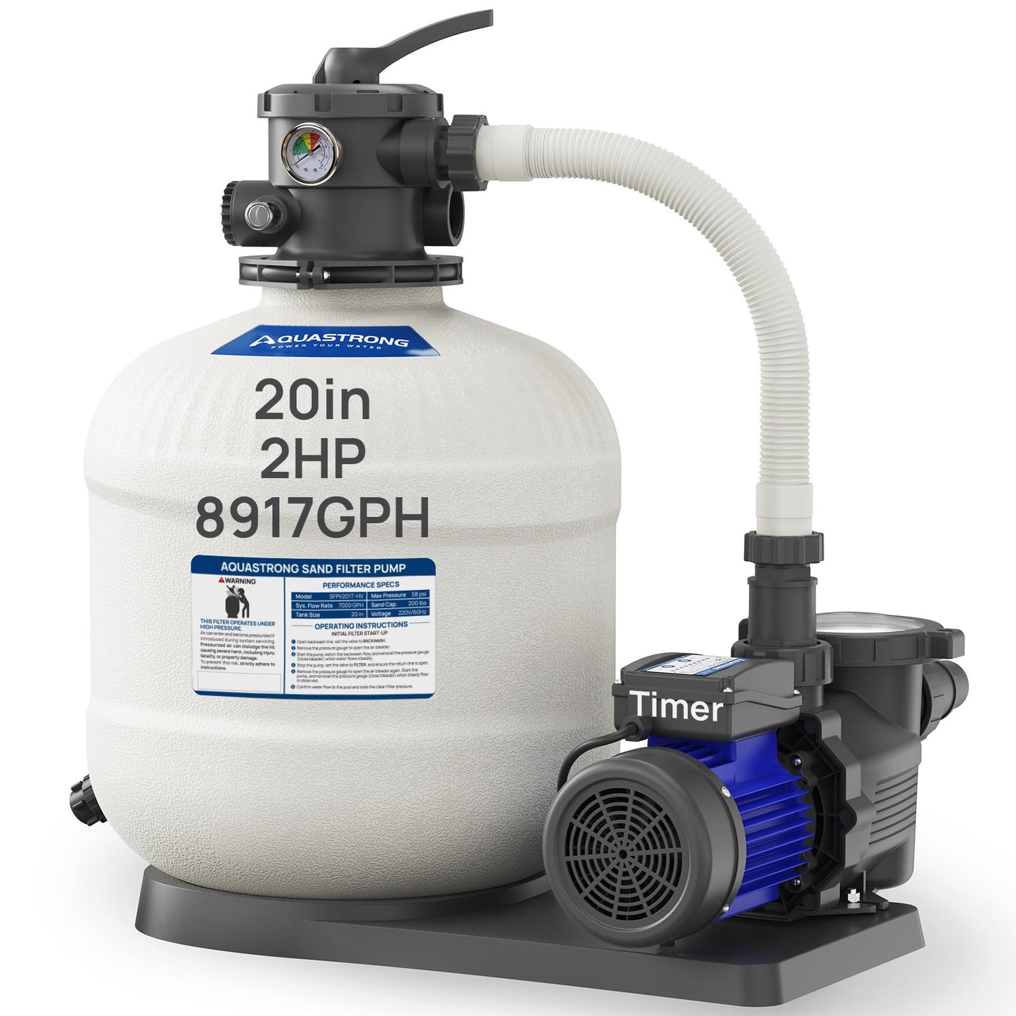 AQUASTRONG 20in Sand Filter Pump for Above Ground Pool with Timer, 220V, 2 HP, 8917 GPH Pool Pumps Above Ground for Pools Up to 38000 GAL, Pool Sand Filter with 6-Way Valve