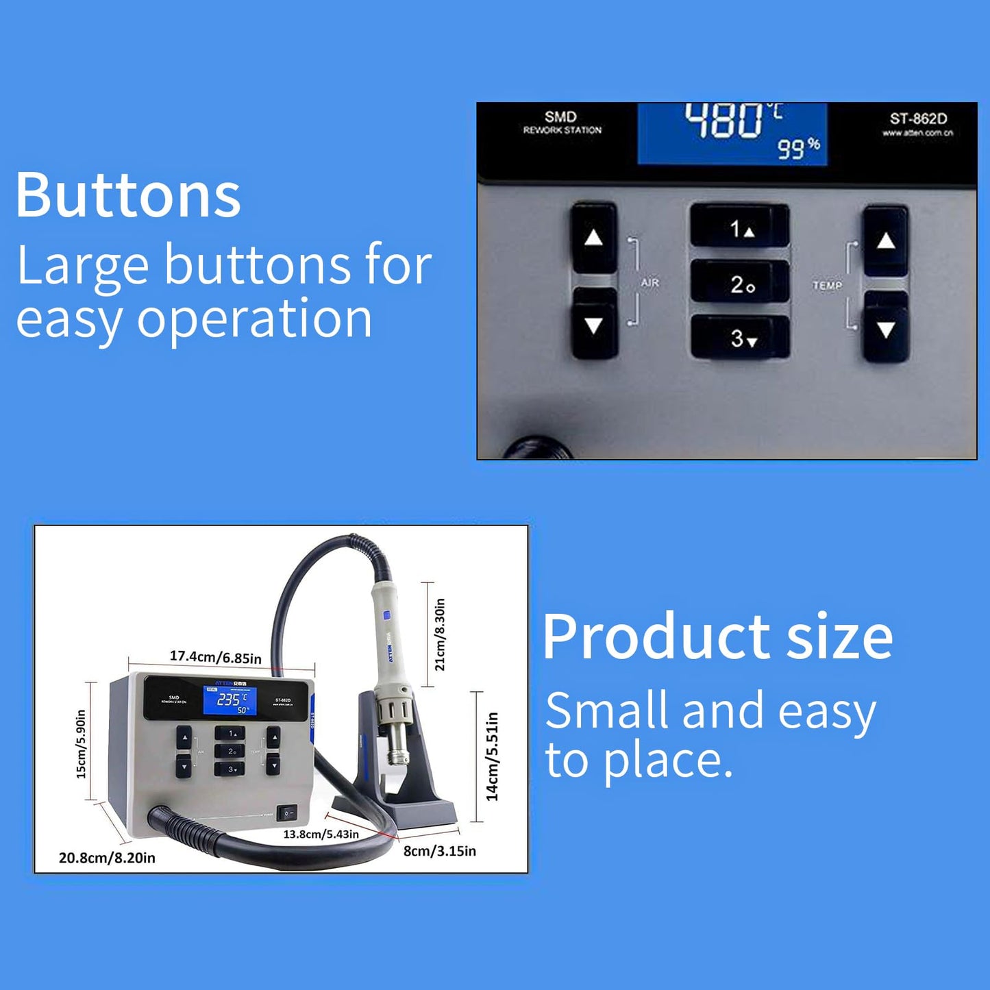 Hot Air Rework Station,1000W Digital Display Automatic Sleep Hot Air Gun Soldering Station, Adjustable Temperature Desoldering Gun BGA Rework Station