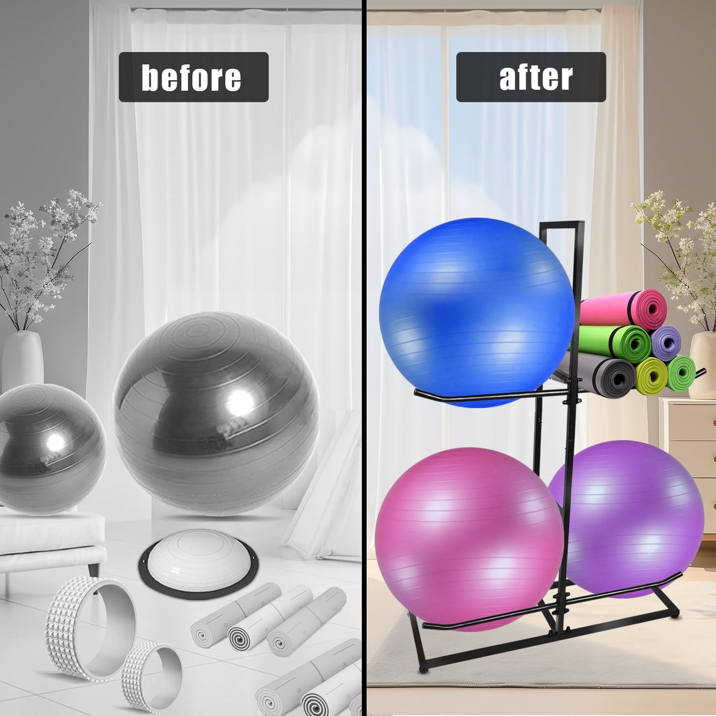 MANNIFEN Exercise Ball Holder,Stability Ball Rack, Exercise Ball and Balance Ball Storage Racks Suitable for Yoga Ball Stability Ball Yoga Mats Home and Commercial Gym ﻿