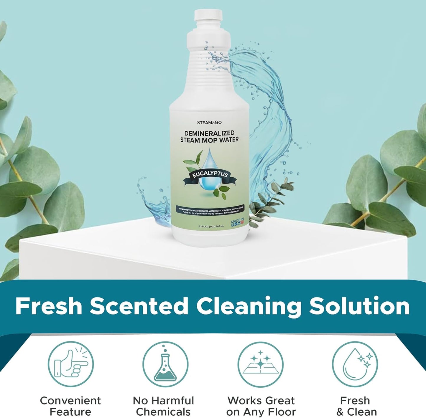 Steam & Go Demineralized Water | Eucalyptus Mint Steam Cleaner Solution, 32 oz - PVC-Free & Ready-to-Use