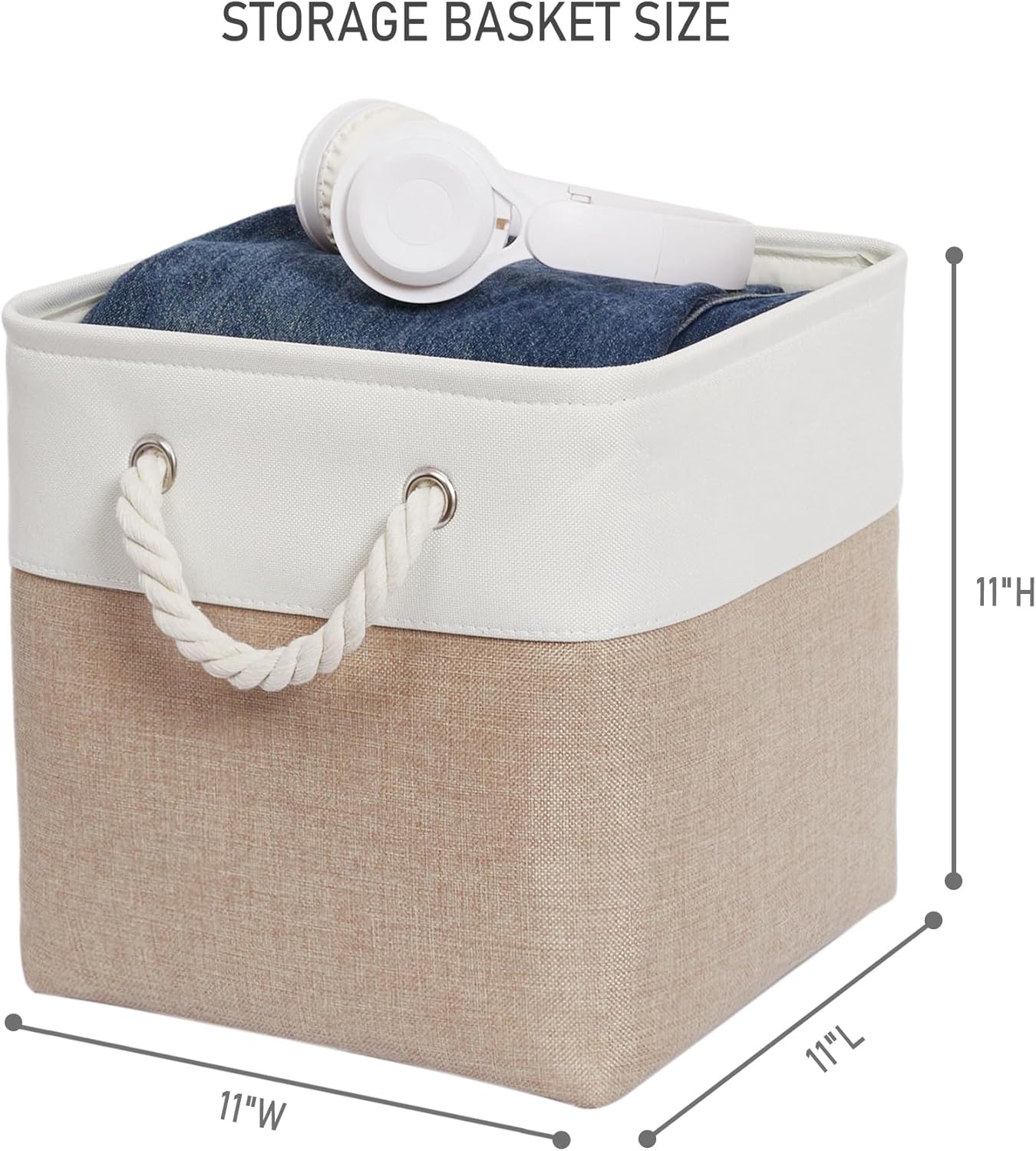Skiennix 11 x 11 Inch Storage Cubes - 6 Pack Large Collapsible Fabric Bins for Home & Office | White & Beige