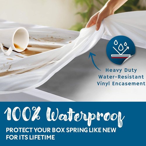 Guardmax Heavy Duty Vinyl Box Spring Cover - Queen Size Waterproof Breathable Zippered Box Spring Encasement - 6 Side Absorbent Boxspring Protects Against Dust Mites, Dirt, Spills, and Stains.