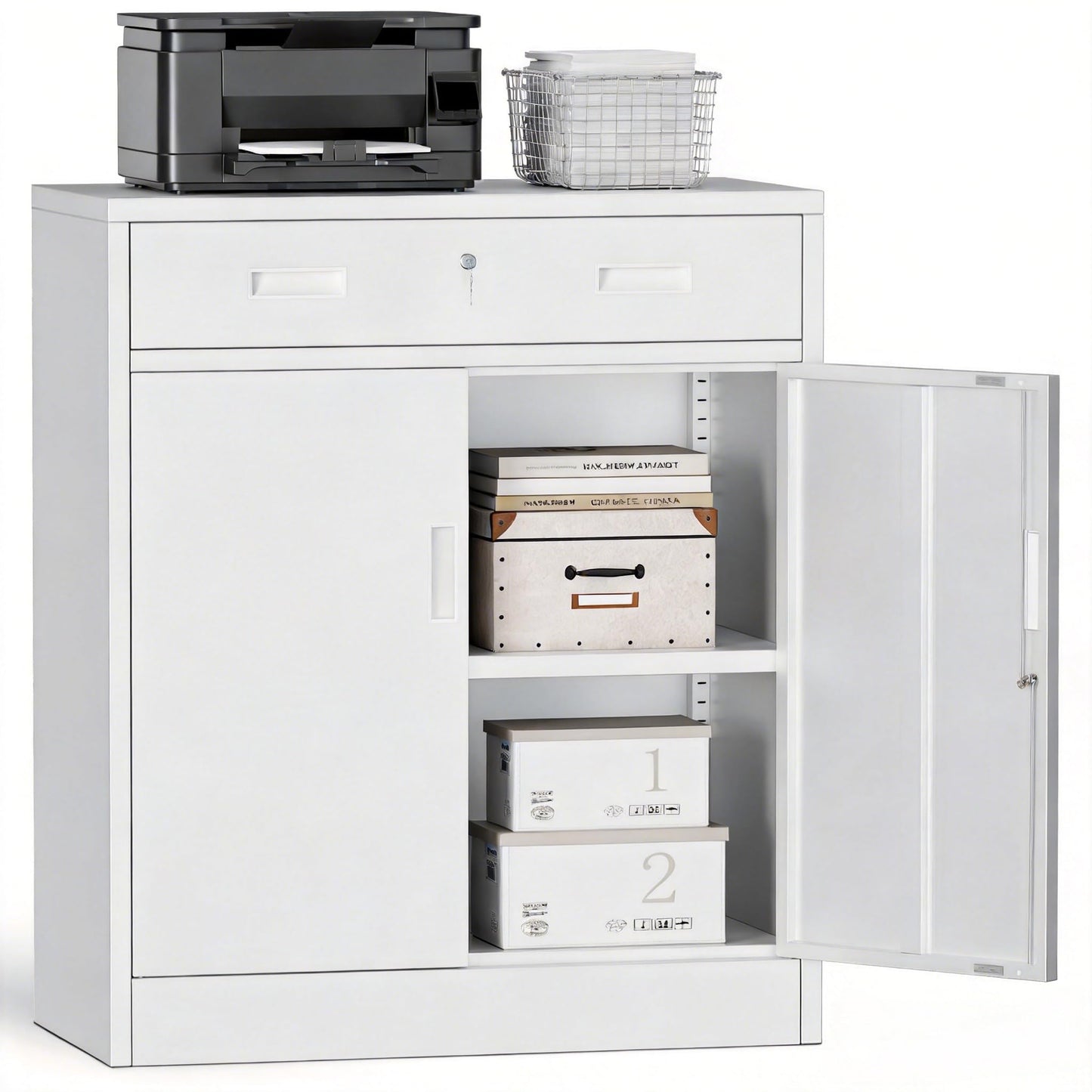 TaskStorz Metal Storage Cabinets with Drawer, 36" H Lockable Storage Cabinet with Doors and Adjustable Shelves, Small White Steel File Cabinet for Home, Office, Warehouse, School, Assembly Required