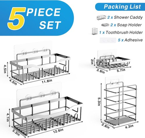 EUDELE Rustproof Stainless Steel Shower Caddy - No Drill Adhesive Organizer | XL Size for Bathroom & Kitchen Storage