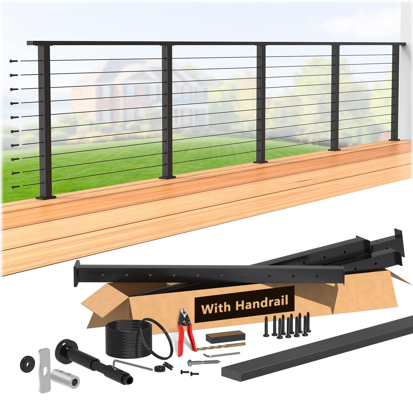 Zylorix 36" Swageless 12-16FT Black Complete Cable Railing System Post Kit with Handrail Cuttable, T304 Stainless Steel, Modular Pre-Cut 1/10" Cable Railing Kit with Level Post Easy DIY for Deck Porch