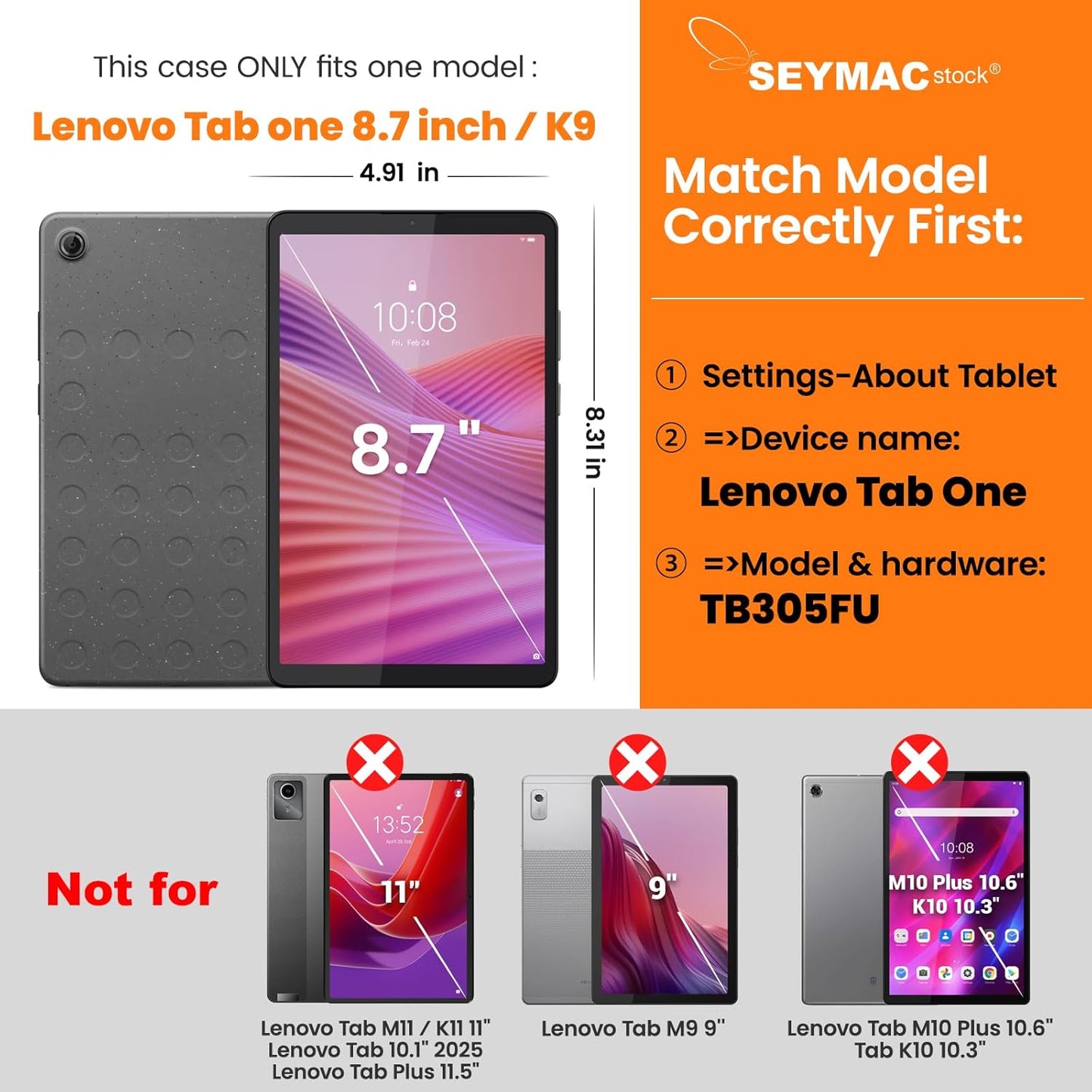SEYMAC stock K9 (TB305FU) 8.7 inch 360 2025, Tablet Case for Lenovo Tab One / Drop-Proof Protection Cover with Rotate