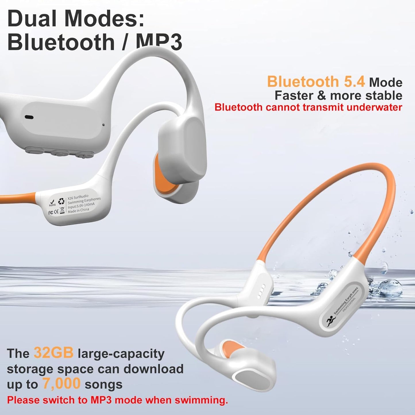 2026 IP68 Swimming 32GB MP3 Swimming/Marathon/Cycling(Orange Bone Conduction Bluetooth Headphones-SwimBeats, Waterproof