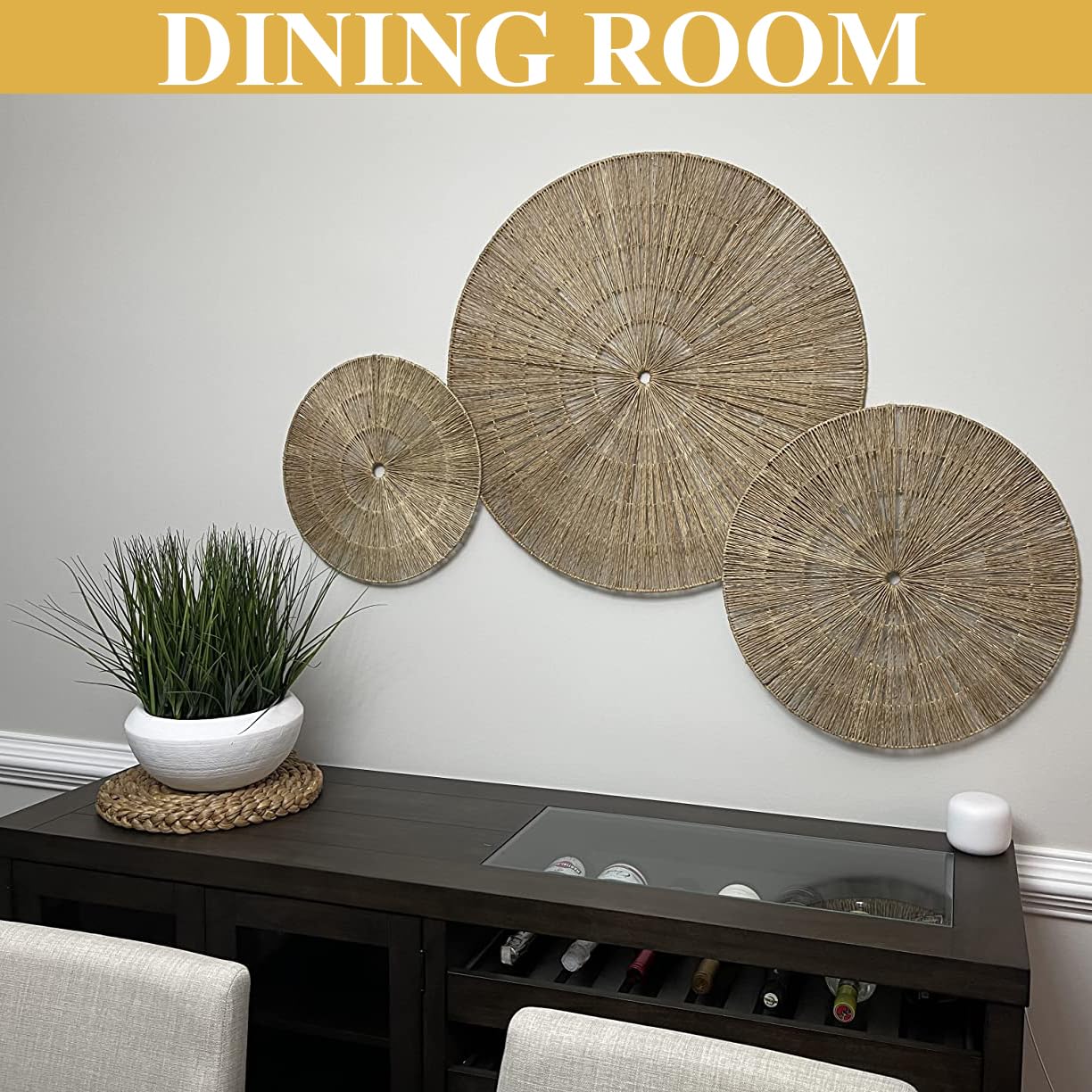 KOLWOVEN 29 Inch Wicker Wall Decor, Set of 3 Wall Basket Decor Diameter 29",23",18",Woven Wall Decor, Boho Above Bed for Bedroom, Living Room or Dining Room (Set 3)