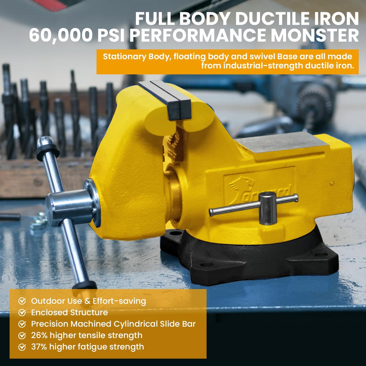 Forward 1755A Heavy Duty Bench Vise 11,000LBS Clamping Force, 5.5 Inch Ductile Iron Industrial Vice with Machined Round Guide Bar and 360° Swivel Base, 5-1/2" Jaw Width, 5-1/2" Max Jaw Opening