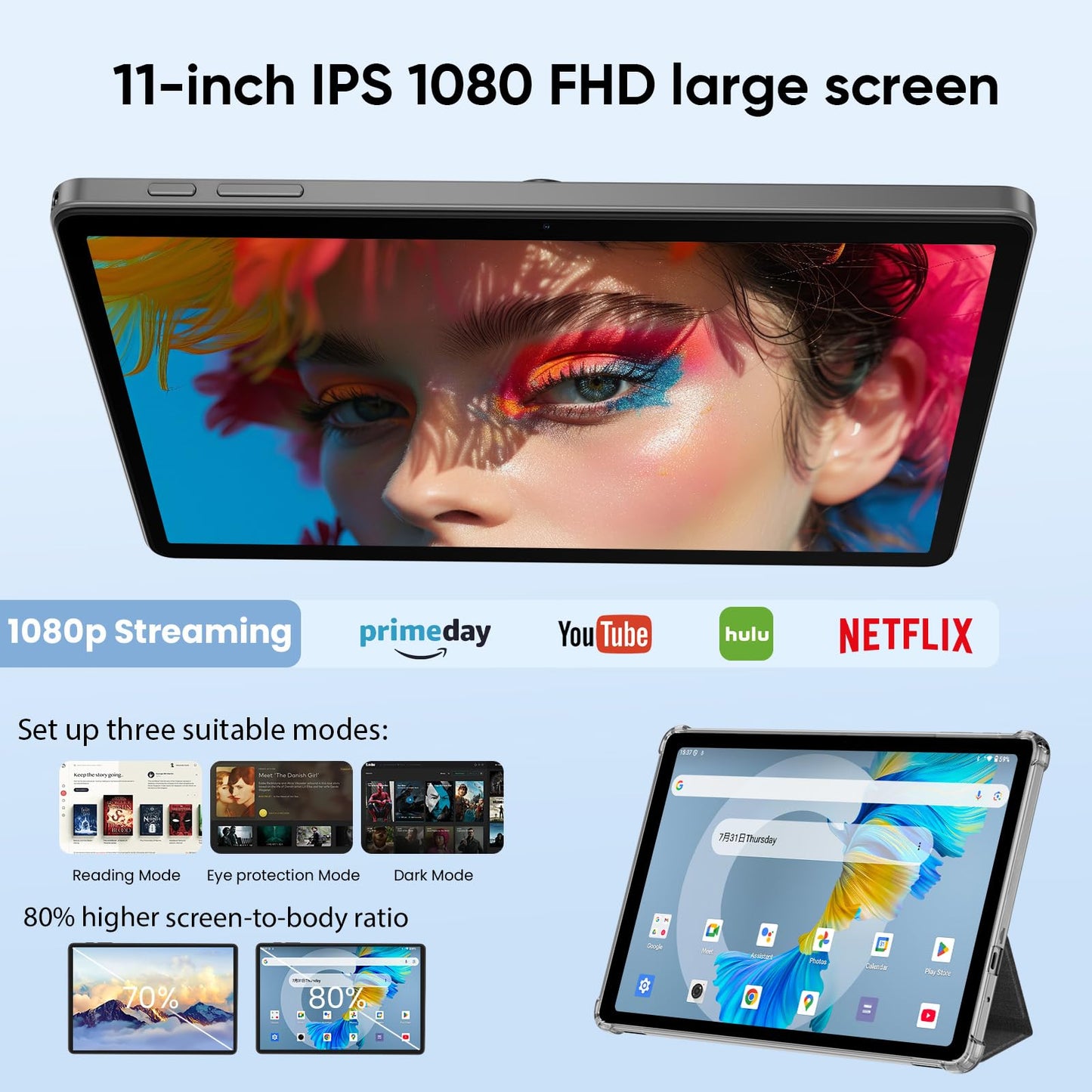 JUNINKE Tablet 11 Inch, Android 16, 32GB RAM+256GB Octa-Core, 8000mAh Battery, 1280 * 800 Touch Screen, 5+8MP Dual HD Camera (Black Case)