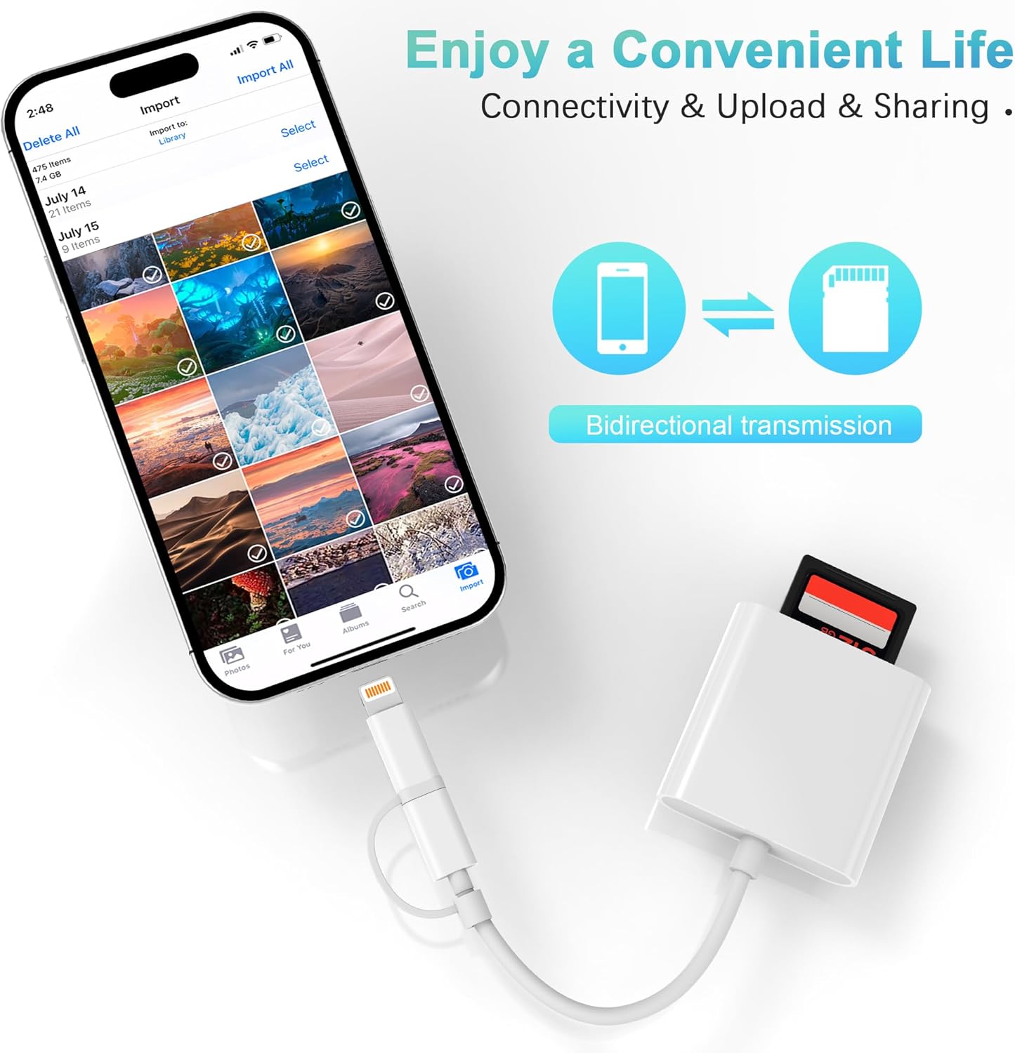 DCNETWORK SD Card Reader for iPhone iPad, Dual USB-C & Lightning Connector Memory SD Card Adapter, Support SD/MicroSD