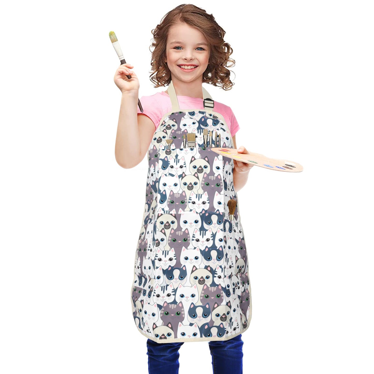 FreeNFond Kids Apron Adjustable Child Apron with 4 Pockets for Baking Painting White Cat
