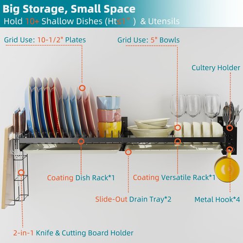 Besamery Hanging Wall Mounted Dish Drying Rack with Cutting Board Rack*1, Hook*4, Drain Tray*2, Apartment & RV Wall Mounted Dish Rack, Adhesive Mountable, Mounted Length: 31.8", Washable (Black)