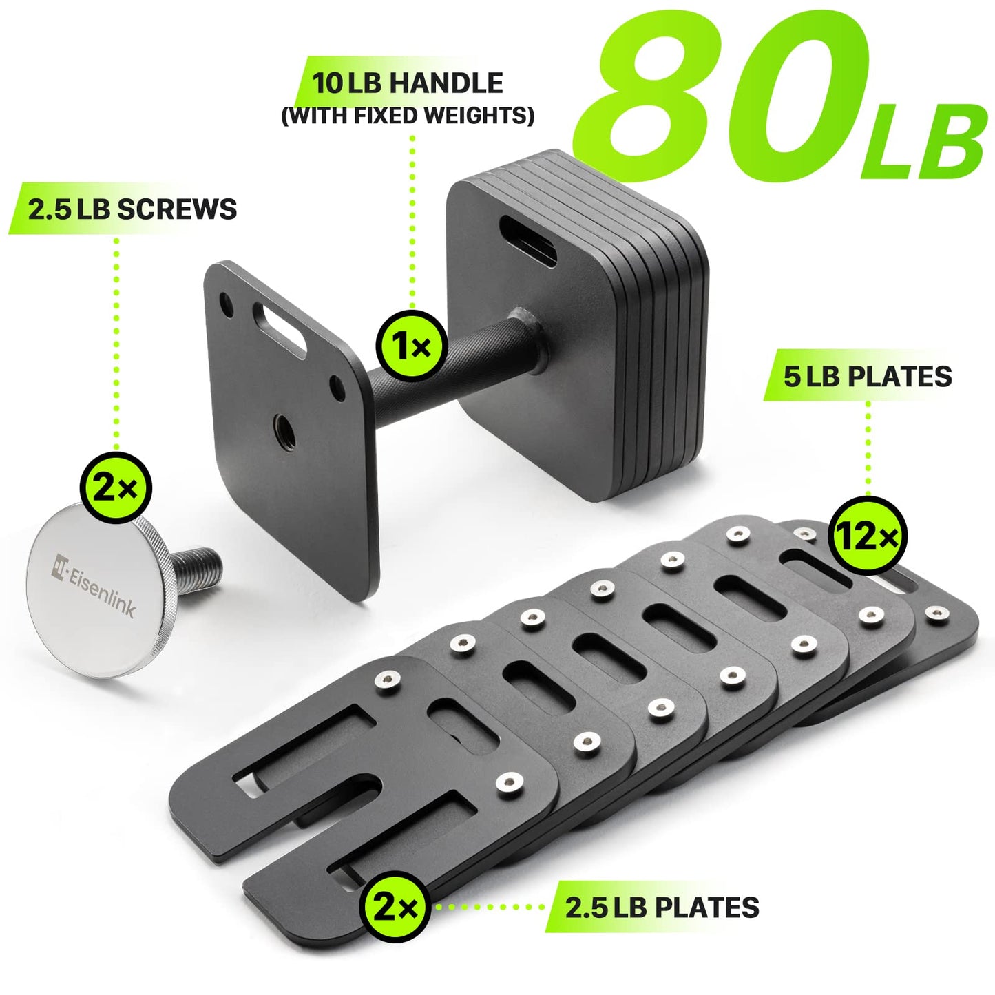 Eisenlink Adjustable Dumbbells, 80lbs Pair, 5pound Increments, Quick-Lock Square Weight set for Home Gym Fitness (80lbx2)