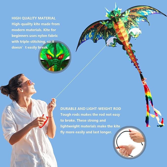 eyijklzo Green Dragon Kite Beautiful and Easy Flyer Kite for Children and Adult with Long Colorful Tail String Line Accessories Easy to Soar High Outdoor Sports Game Activities or Beach Trip