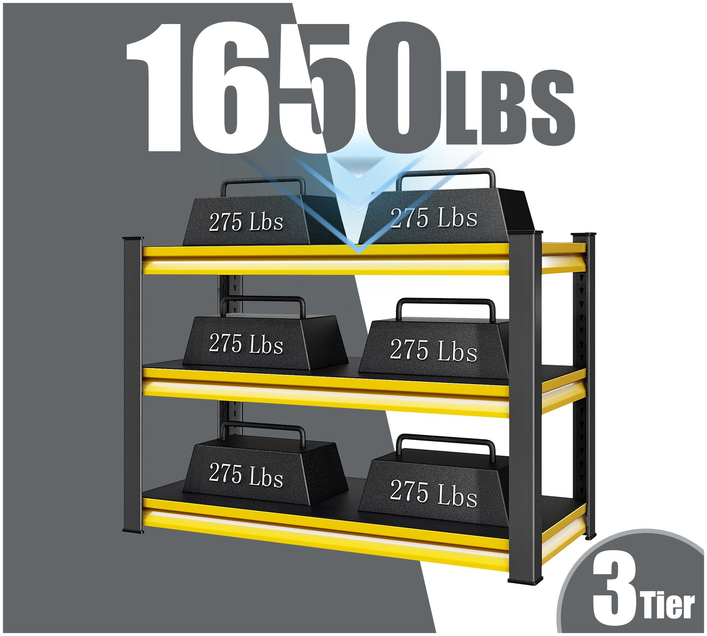 Rufokisa 48" W Garage Shelving Heavy Duty, 1650LBS Loads Adjustable Garage Storage Shelves,3-Tier Metal Storage Racks and Shelving Units, Utility Rack Shelves,48" W x 18" D x 39" H,Yellow