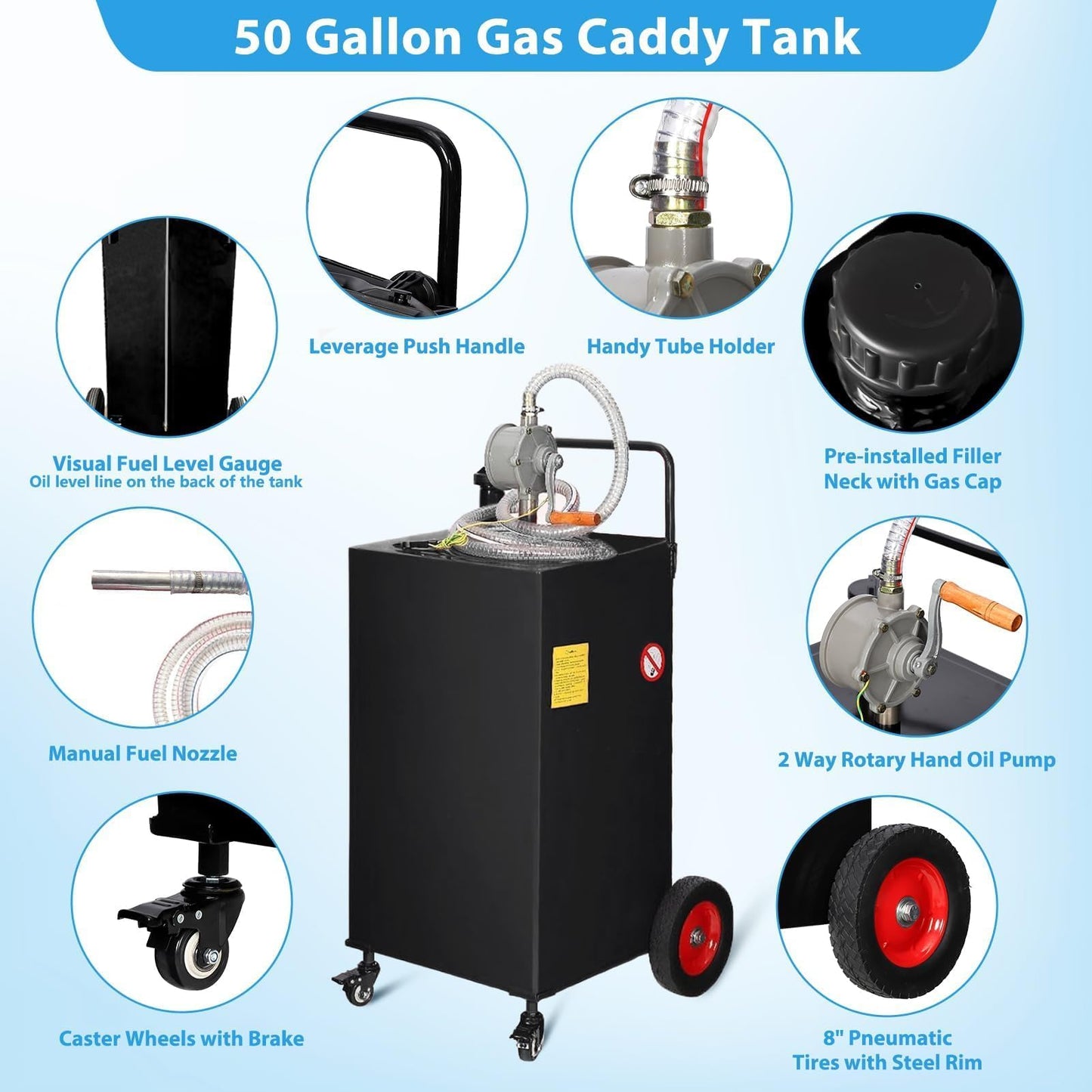 Portable Fuel Transfer Tank, 50 Gallon Heavy-Duty Fuel Caddy with Manual Pump & 4 Wheels, Spill-Proof Gas/Diesel Container for Secure Transport to Tractor, Boat, Truck, Black