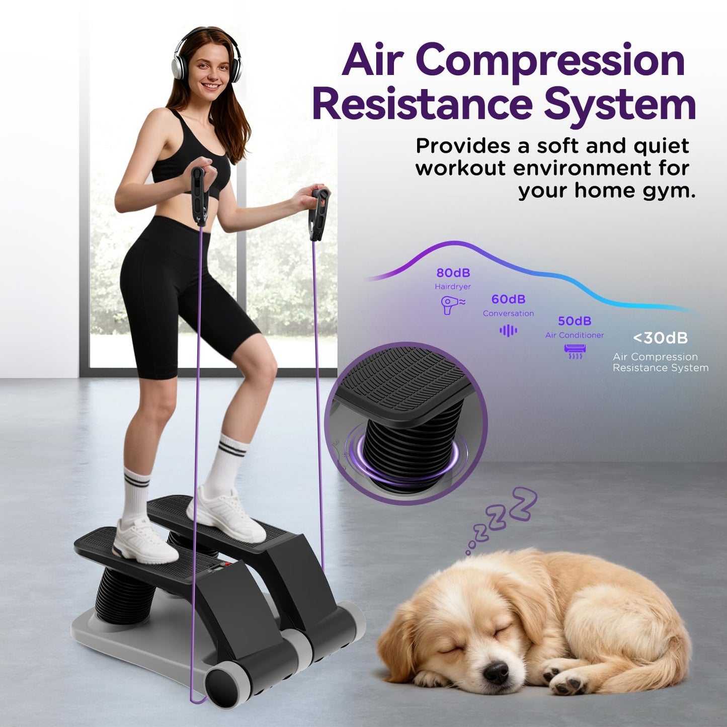 Air Stepper Exercise Machine with Resistance Bands, Stair Stepper with LCD Monitor, Adjustable Resistance Cardio Trainer for Home Workout, Compact Fitness Equipment, 300 lbs Weight Capacity (Gray)
