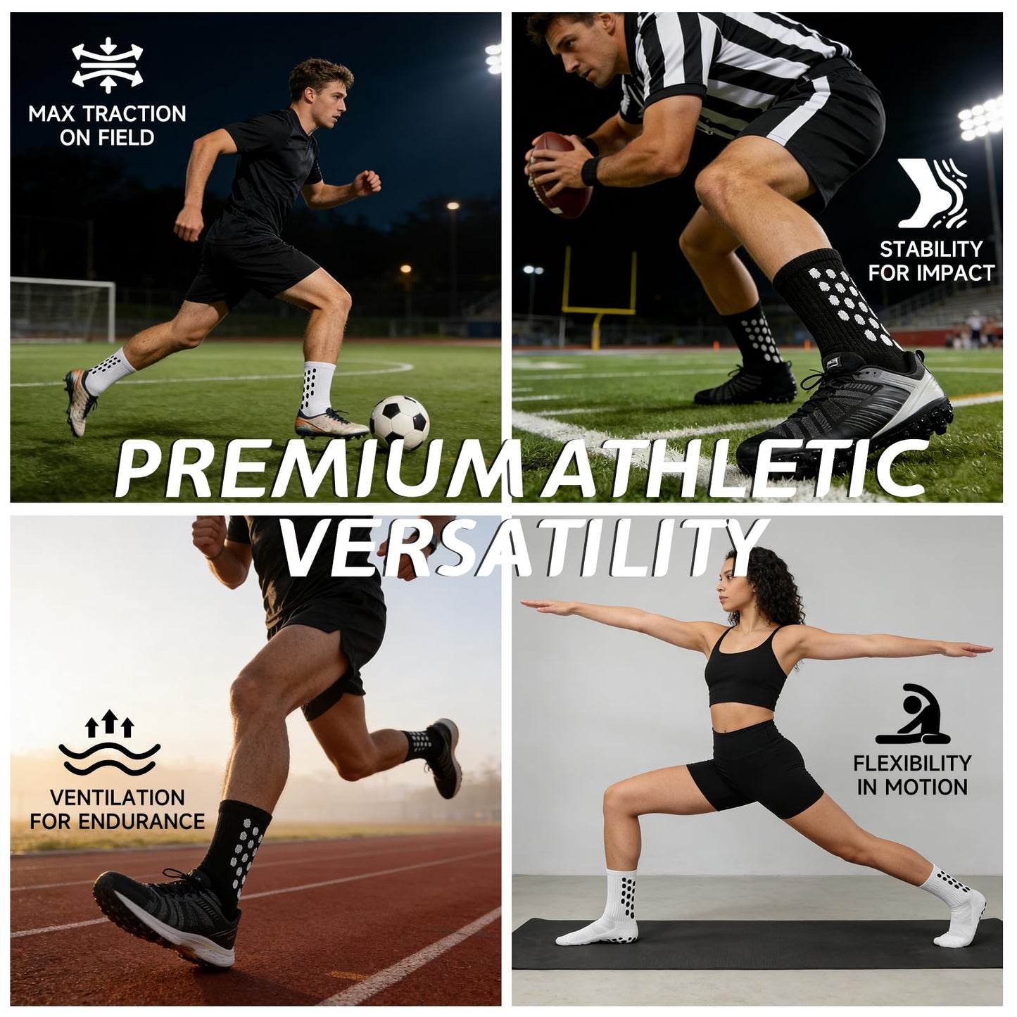 vibsteps 4 Pairs Anti Slip Soccer Grip Socks for Men & Youth, Breathable Mesh Non Slip Football Socks for Academy Players, Black