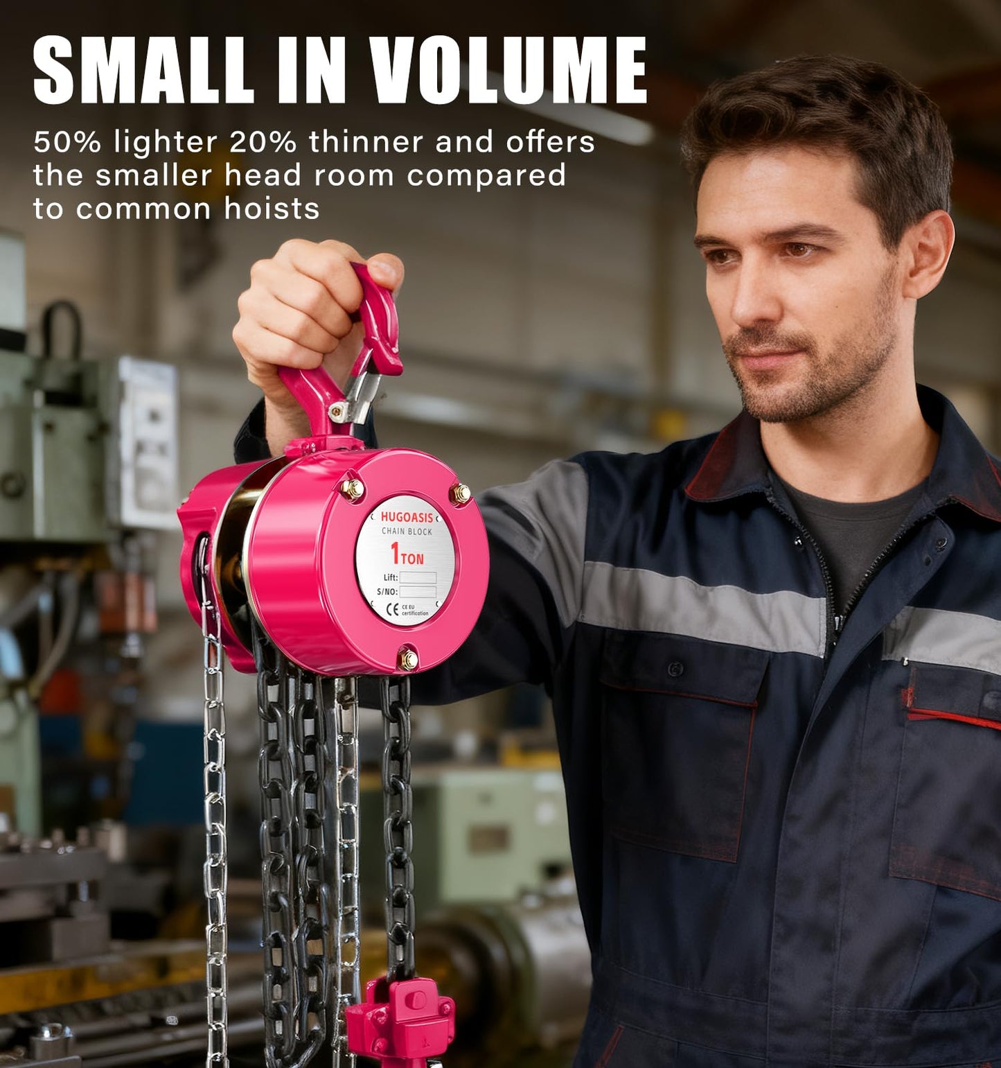 HUGOASIS Manual Chain Hoist 1 Ton 2200 Lbs Capacity 10ft with 2 Heavy Duty Hooks, Chain Fall Block for Warehouse Building Automotive Machinery,Pink