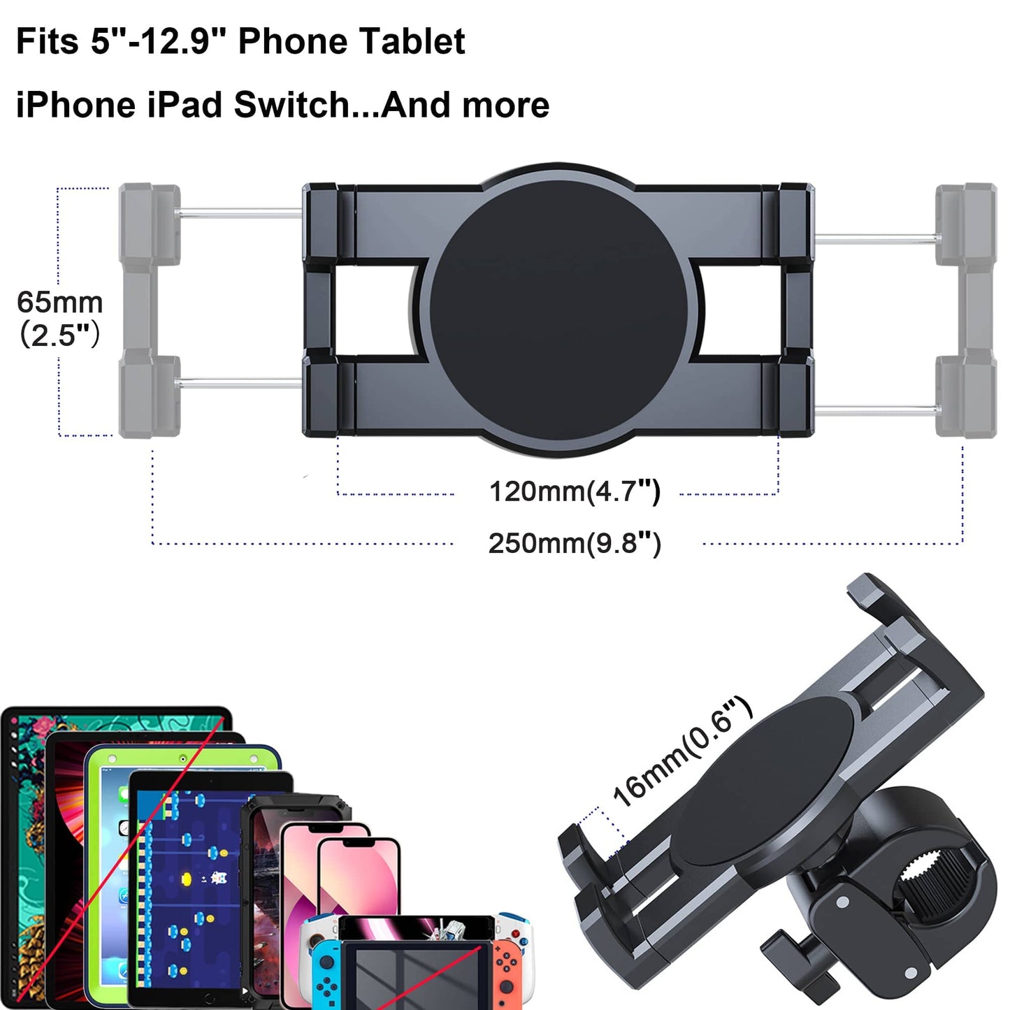 Timewall Tablet Phone Mount with Clamp, Universal iPad iPhone Holder Stand for Spin Bike, Stationary Exercise Bicycle, Treadmill, Elliptical, Mic Stand, Boat, Handlebar, Fits 5-12.9" Tab Phone