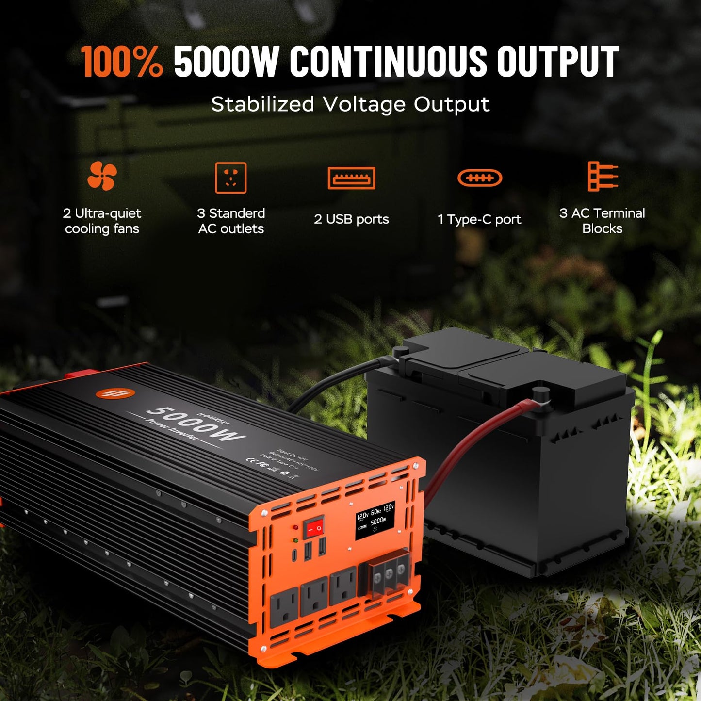 Power Inverter 12V DC to 110V with AC Outlets Converter Inverter (5000W-005)