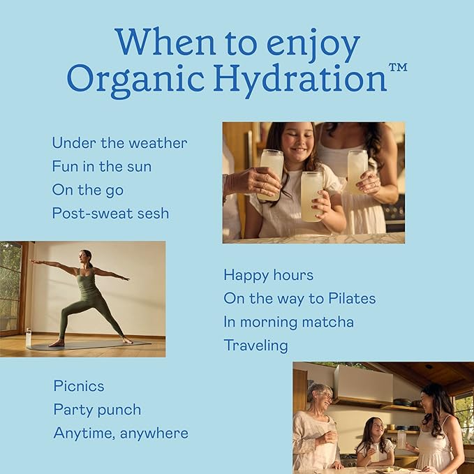 Organic Hydration Electrolyte Drink Mix, Certified Organic Hydration Powder, Non-GMO, Biochecked Glyphosate Free, Low Sugar, Lemonade Flavor, No Artificial Flavors,12 Stick Packs