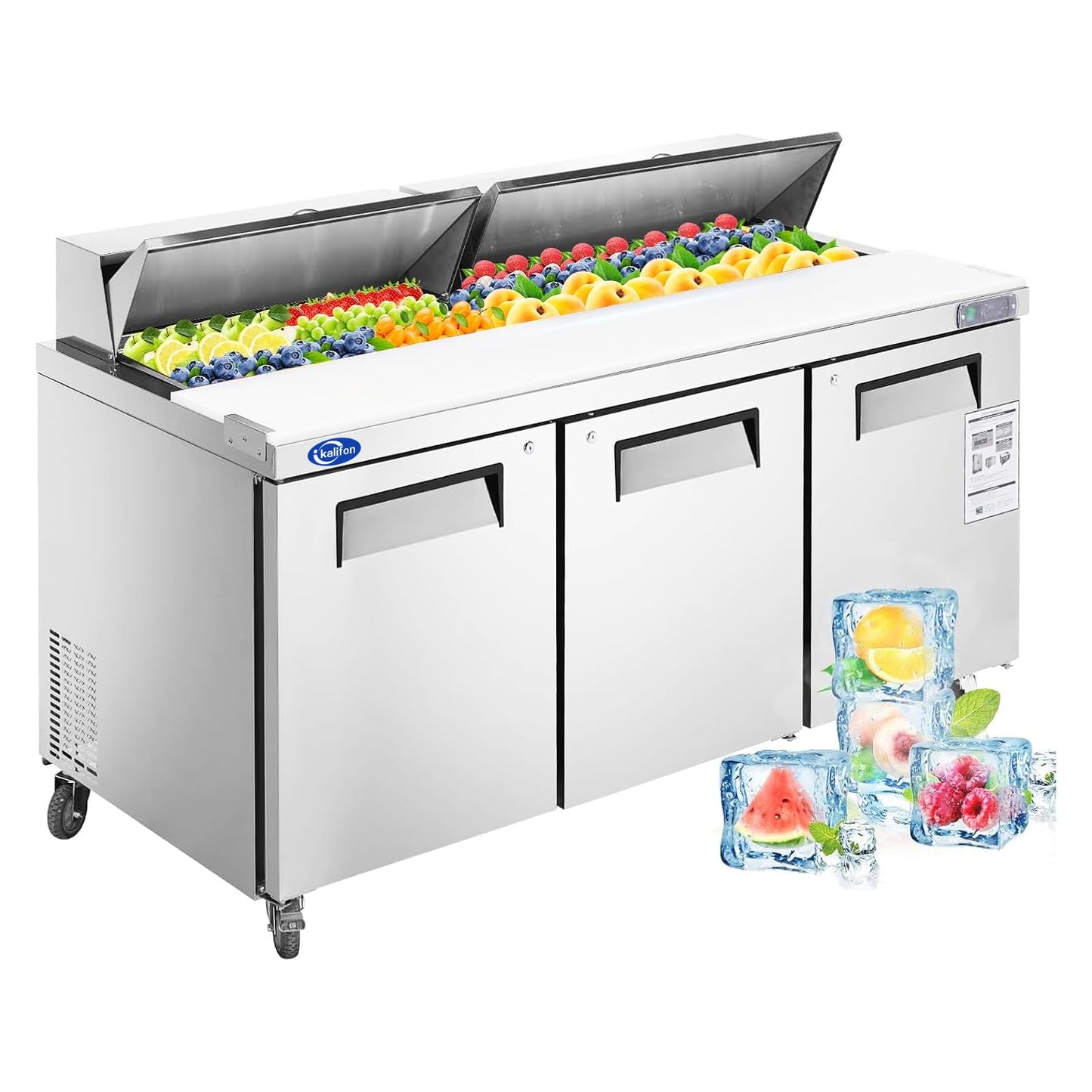 kalifon 72" W 3 Door Commercial Refrigerator Sandwich Salad Prep Table Stainless Steel Fan Cooling Refrigerator with Cutting Board, 3 Shelves & 30 Pans for Restaurant, Bar, Shop-20 Cu.ft