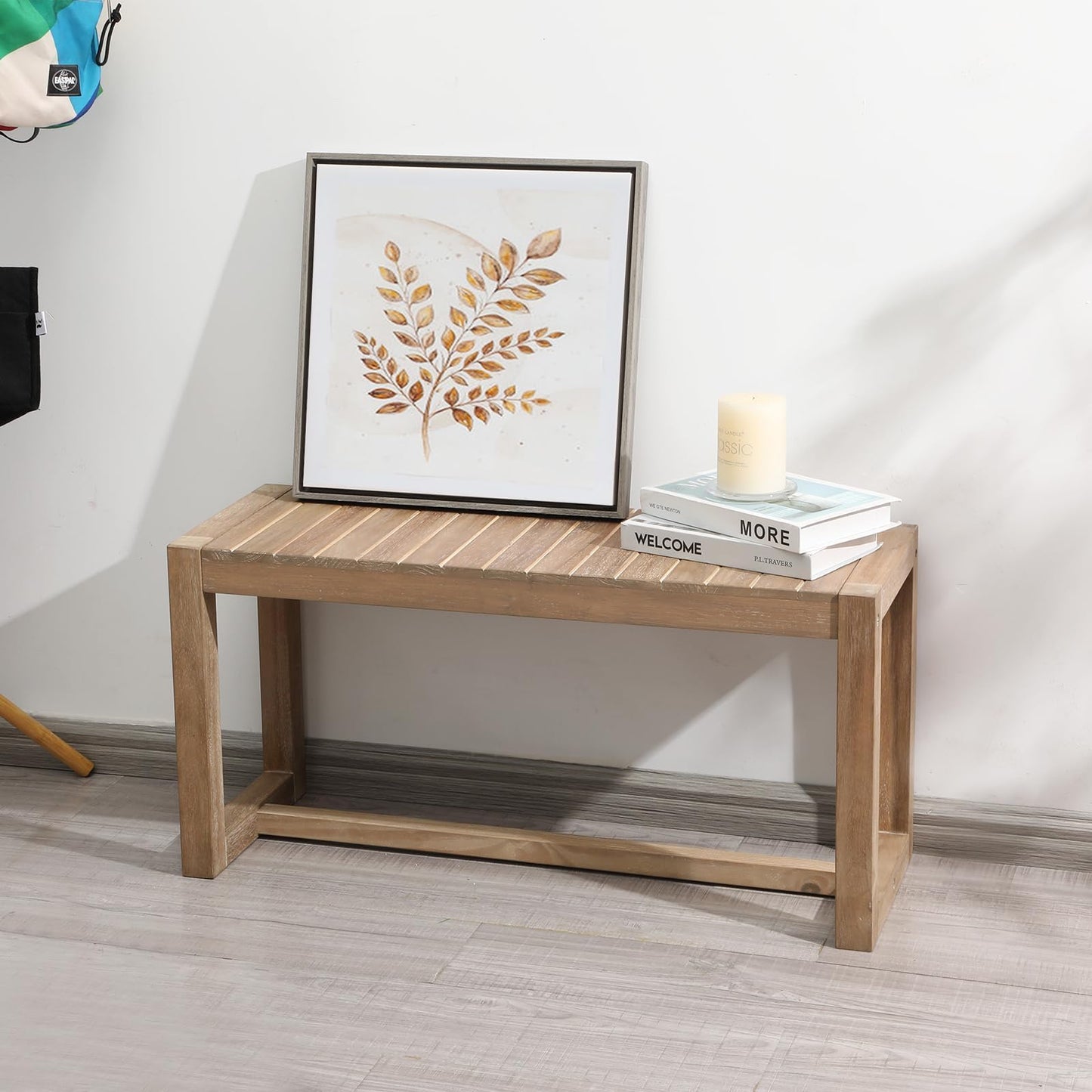 Wnutrees Farmhouse Solid Wood Bench, 31" Line Pattern Splicing Entryway Bench, Narrow Bench Seat for Living Room, Dining Room, Bathroom, Indoors, Natural