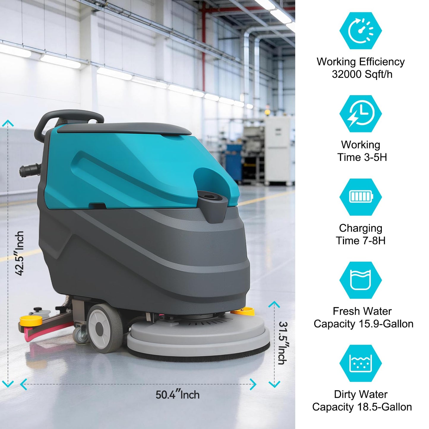 Walk-Behind Commercial Floor Scrubber Polisher Dryer Machine, Cleaning Width 22", Suction Width 31.5", 18.5-gal Sewage Tank, 32000 Sqft/h, Complete Set of Parts, for Hardwood, Tile & Hard Floors