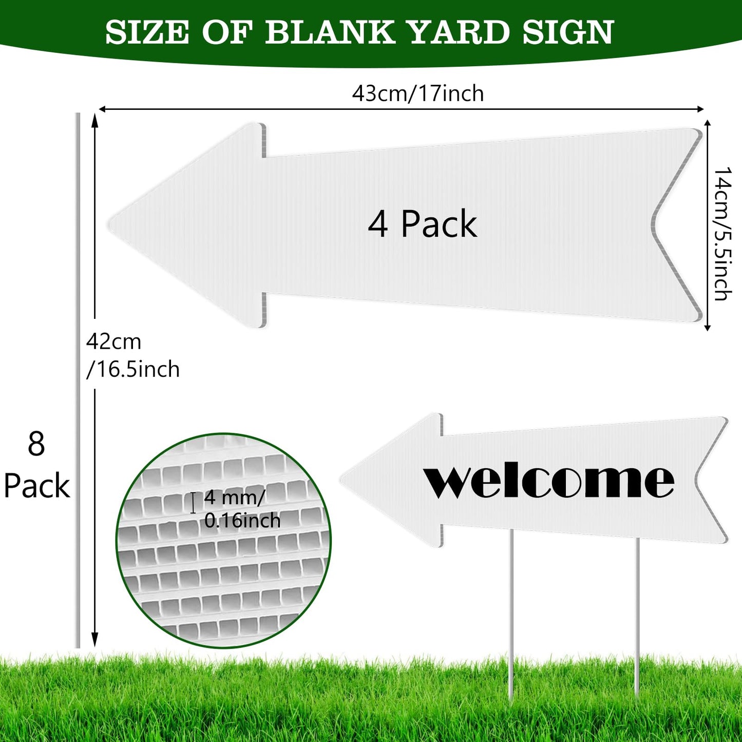 Directional Arrow Signs with Stakes, Remiawy 4 Pack Blank Yard Signs 17 x 6 Inches Custom Plastic Parking Signs with Arrow Outdoor for Wedding This Way, Birthday Party, Estate Sale, Lawn Guidepost