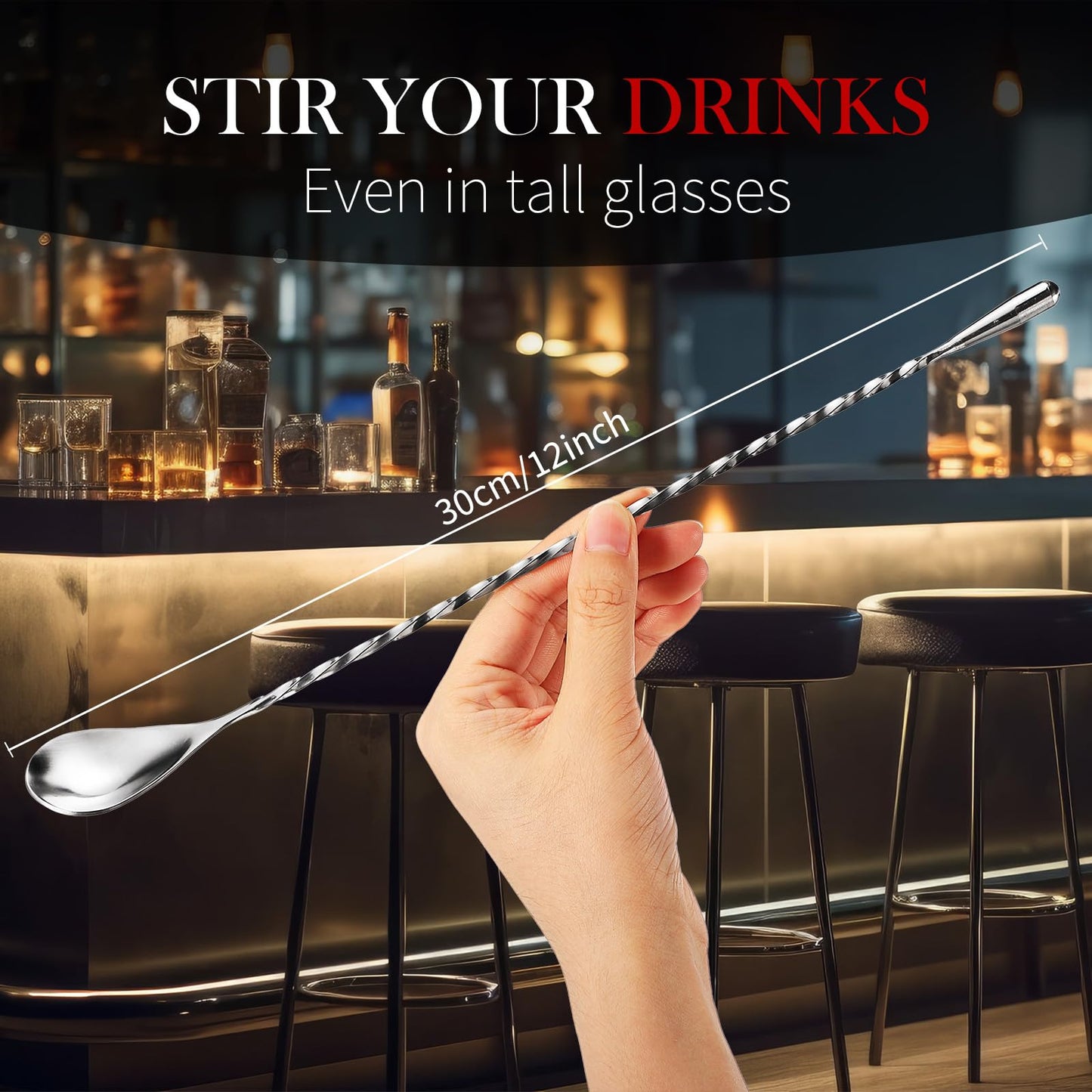Boao 8 Pcs 12 Inch Cocktail Spoon Coffee Spoons Bar Stirring Spoon Long Handle Stainless Steel Cocktail and Coffee Mixing Tool for Homemade Barista/bartender (Silver)