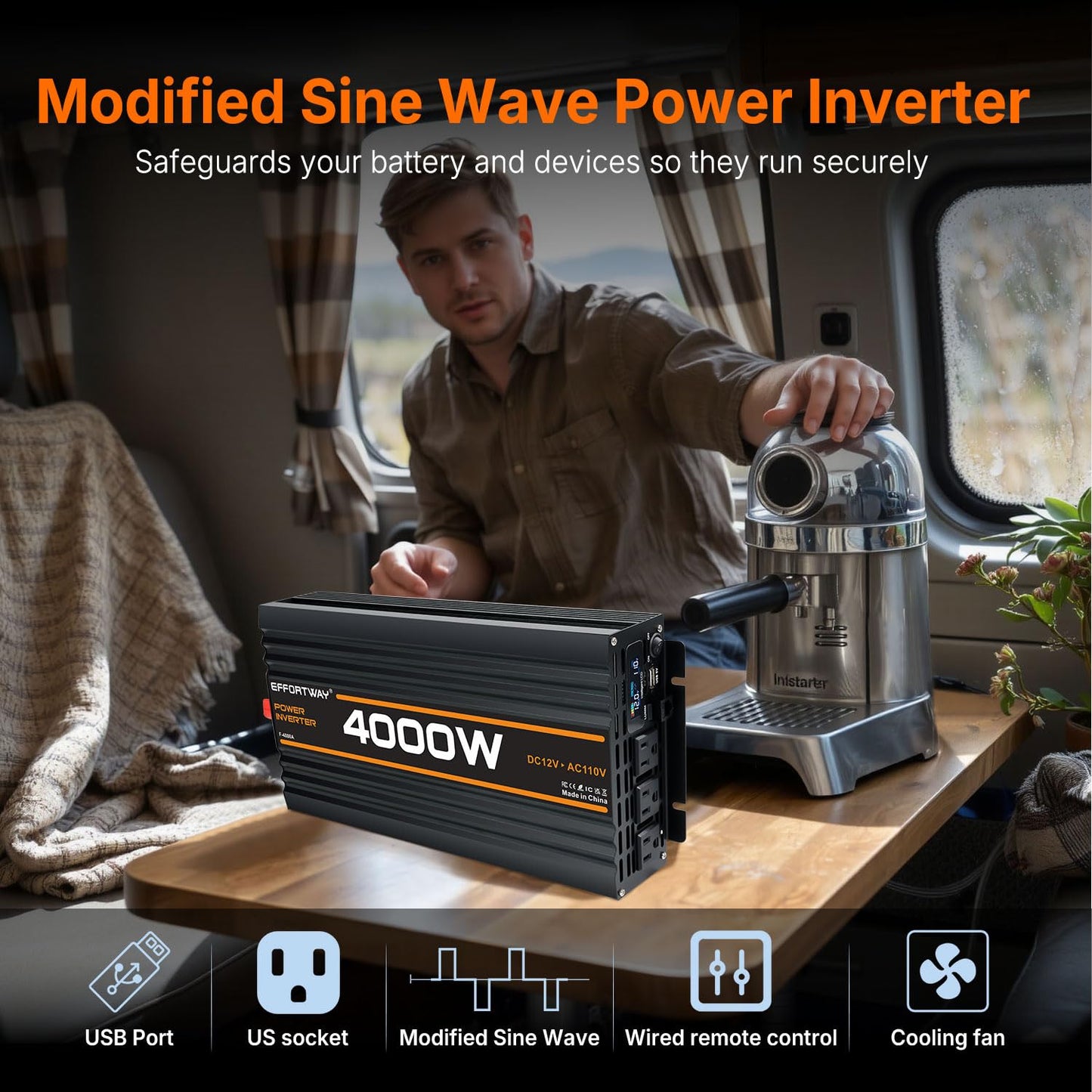 EFFORTWAY 4000W Power Inverter, 12V DC to 110V/120V Modified Sine Wave Inverter with 3 AC Outlets, USB Port, Wired Remote Controller, Car Power Inverter for RV, Truck, Boat, Camping, Off-Grid