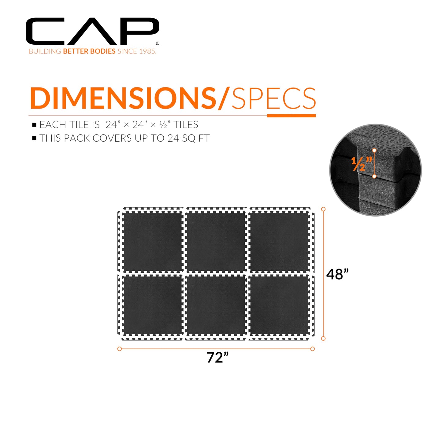CAP Barbell 1/2-Inch Interlocking EVA Foam Exercise Puzzle Mat Home Gym Flooring - 1 Pack | 24" x 24" x 1/2" | Pebble Pattern - Black