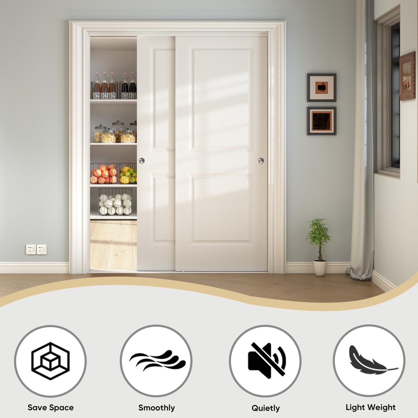 JUBEST 72x80 in Sliding Closet Door, Raised 2-Panel Square Top White Primed Hollow Core Door Slab with Hardware Kits & Matching Fascia, Pre-drilled & Paintable, Space-Saving for Bedroom Laundry