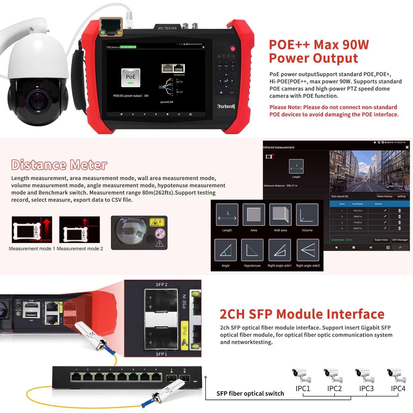 Rsrteng CCTV Tester 8K 32MP 12MP IP Camera Test POE++ Max 90W POE Camera Tester 4K 8MP TVI/CVI/AHD/SDI/CVBS WiFi Network Tools Cable Test Distance Meter 2CH SFP Port HD VGA DC Power Output