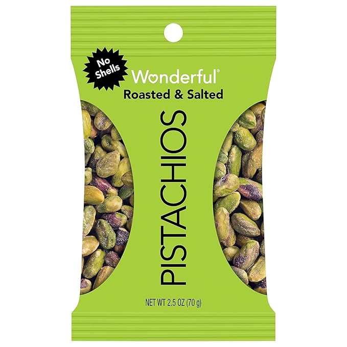 Wonderful Pistachios No Shells, Roasted and salted Nuts, 2.5 Ounce Bag (Pack of 8), Protein Snack, On-the-Go, Individually Wrapped Healthy Snack