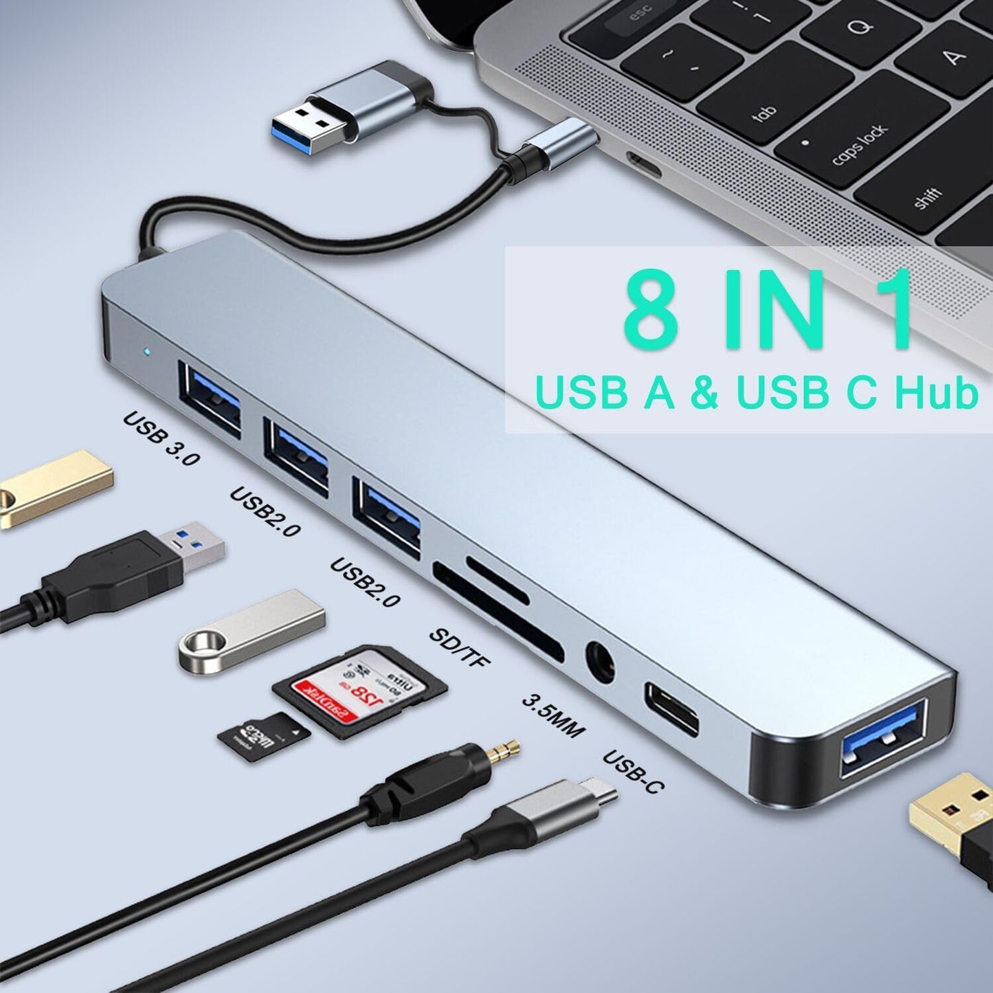 vienon 3.0, 8 1 3.5mm USB C Hub USB Hub Aluminum in USB Extender with SD/TF Card Reader, Aux Headphone Jack for MacBook