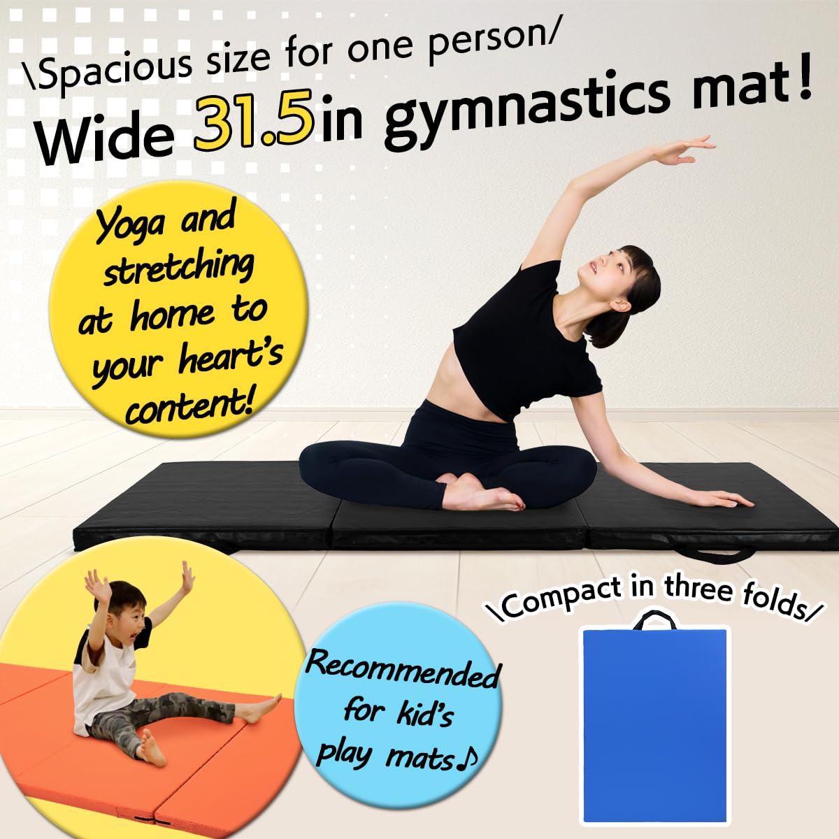 KaRaDaStyle Gymnastics Mat 3-Folding Stretch Mats 71"x31"x2" Exercise Muscle Training Children Play Horizontal Bar Mat Yoga Sports Soundproof Home Use (Black/3-fold)