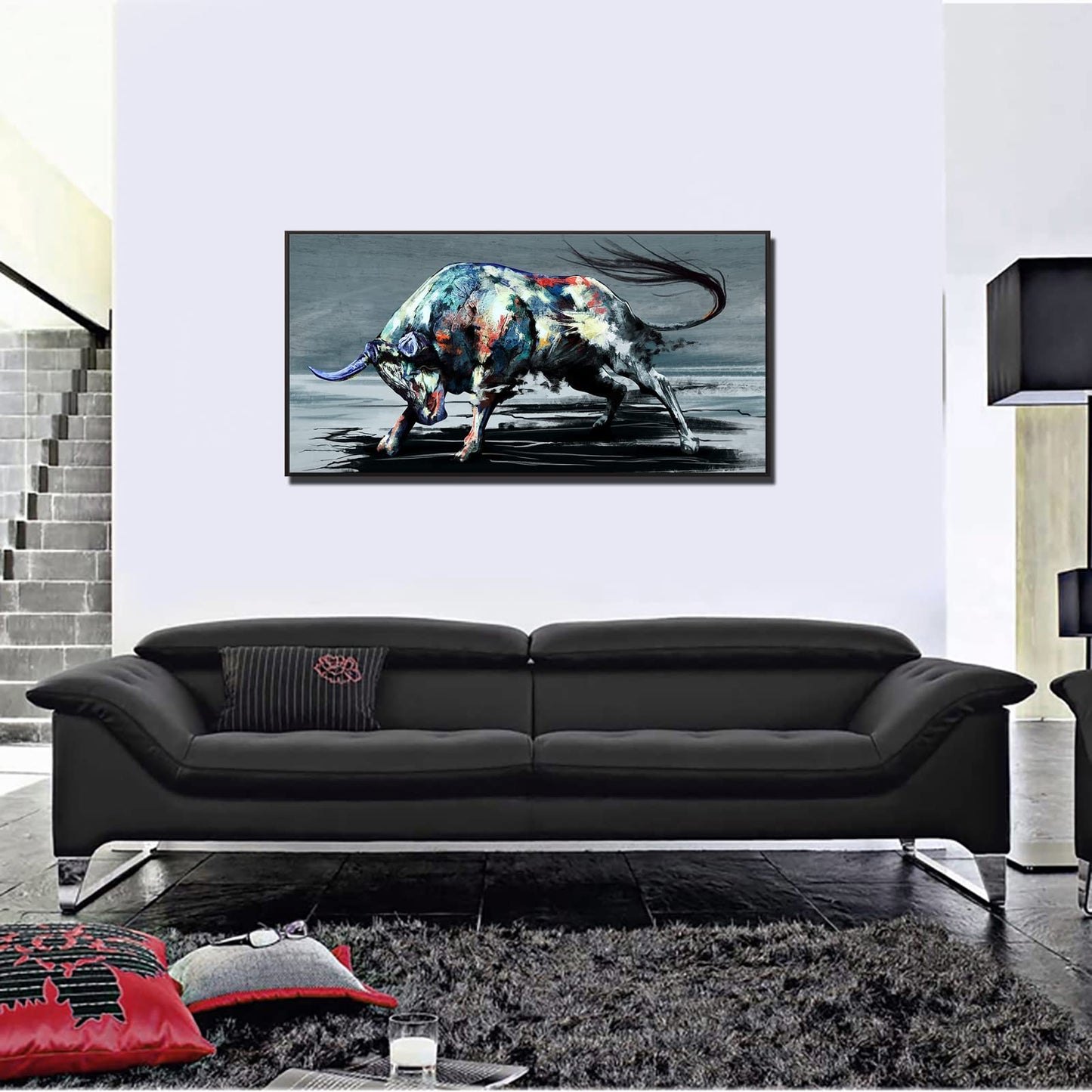 sechars Large Fighting Bull Painting Wall Art Canvas Cool Animal Picture Artwork with Black Floater Frame Modern Home Office Western Cowboy Room Decoration Ready to Hang 24"x48"