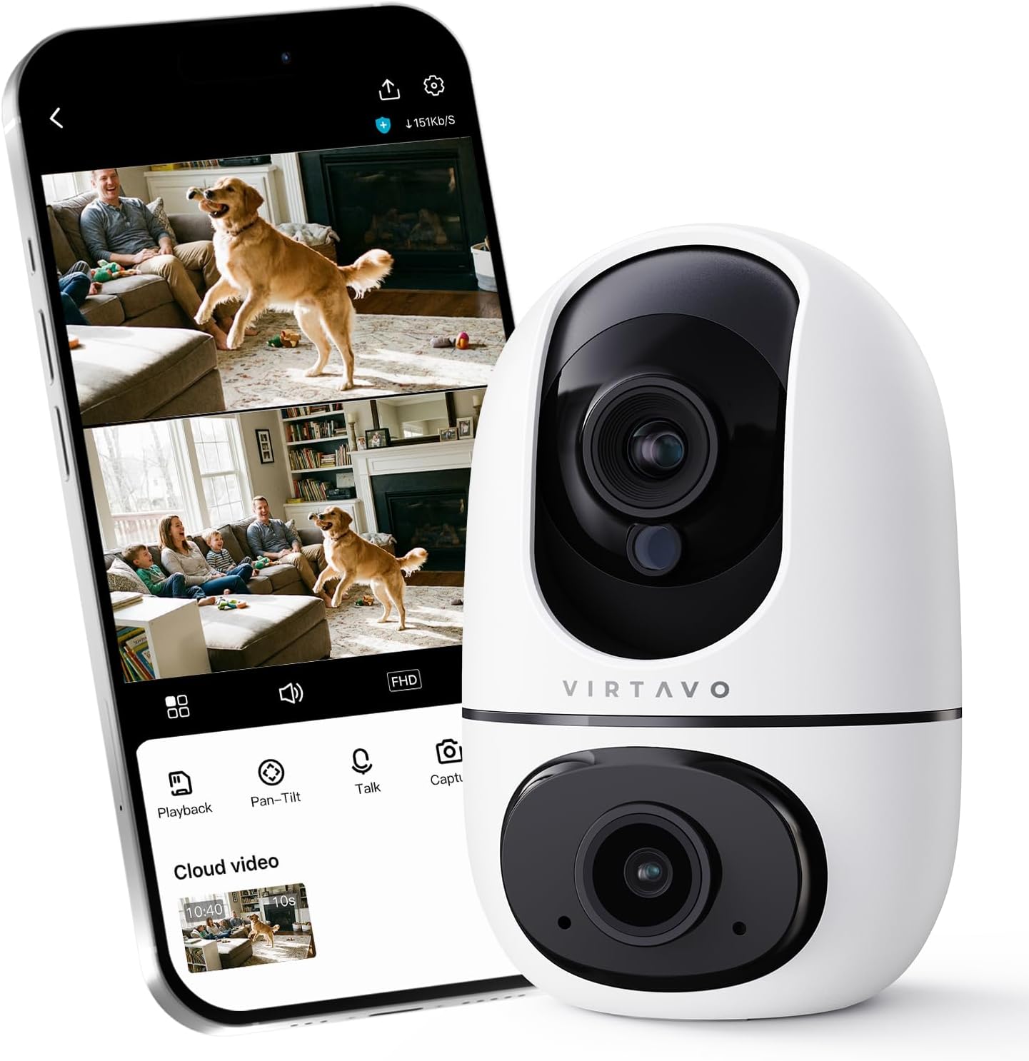 VIRTAVO XD1 360 2-Way Indoor Security WiFi Camera, No Subscription Required, Dual-Lens PTZ Baby Monitor & Pet Cam