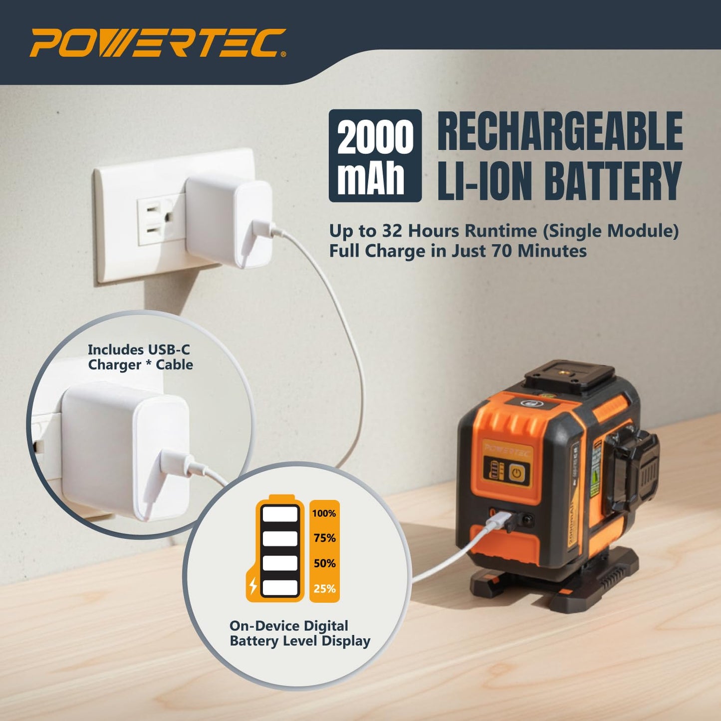 POWERTEC LE3360V 3×360° Laser Level, Self-Leveling with Remote Control & Lift Platform, USB-C Rechargeable – For Construction, Tiling, Framing, Drop Ceilings, Cabinets & DIY Projects
