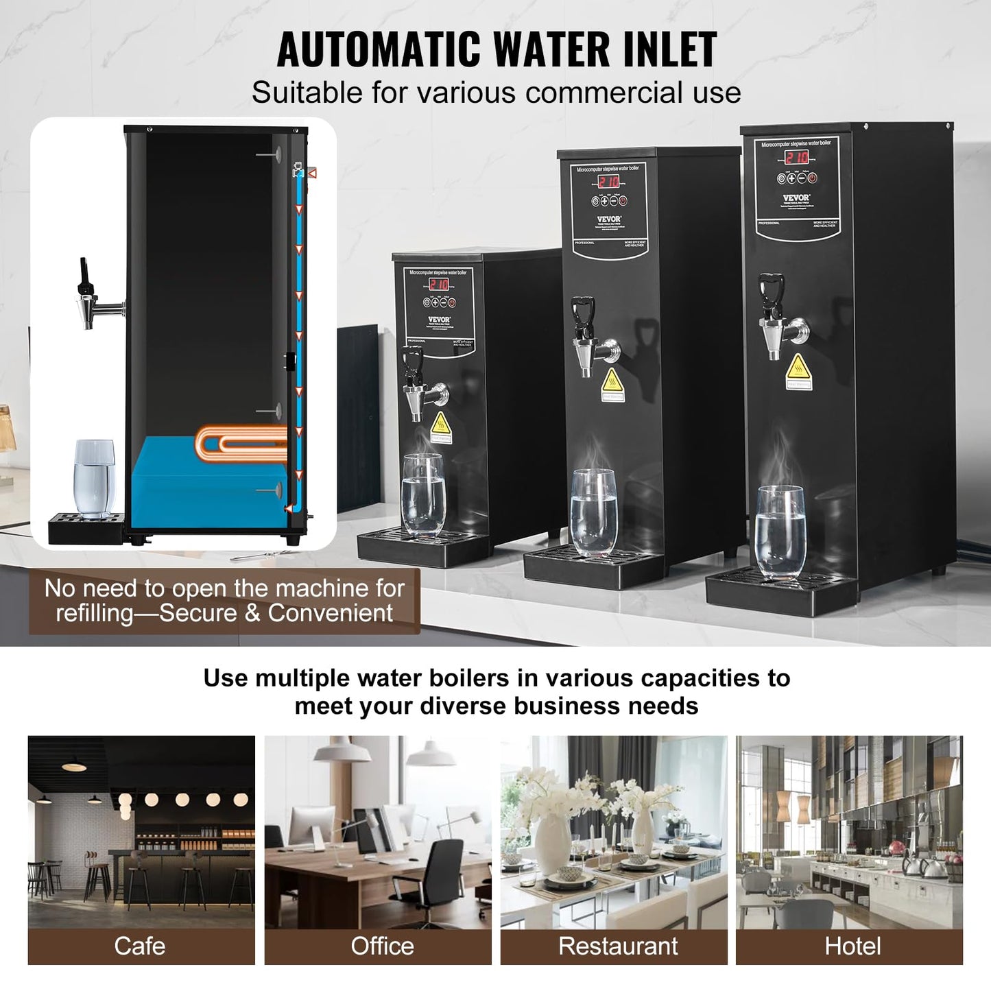 VEVOR Commercial Water Boiler, 20L Electric Hot Water Dispenser with 316 Stainless Steel Heating Tube, 1500W Step-by-step Fast Heating 50L/H Hot Water Boiler, for Coffee Tea Restaurant Office