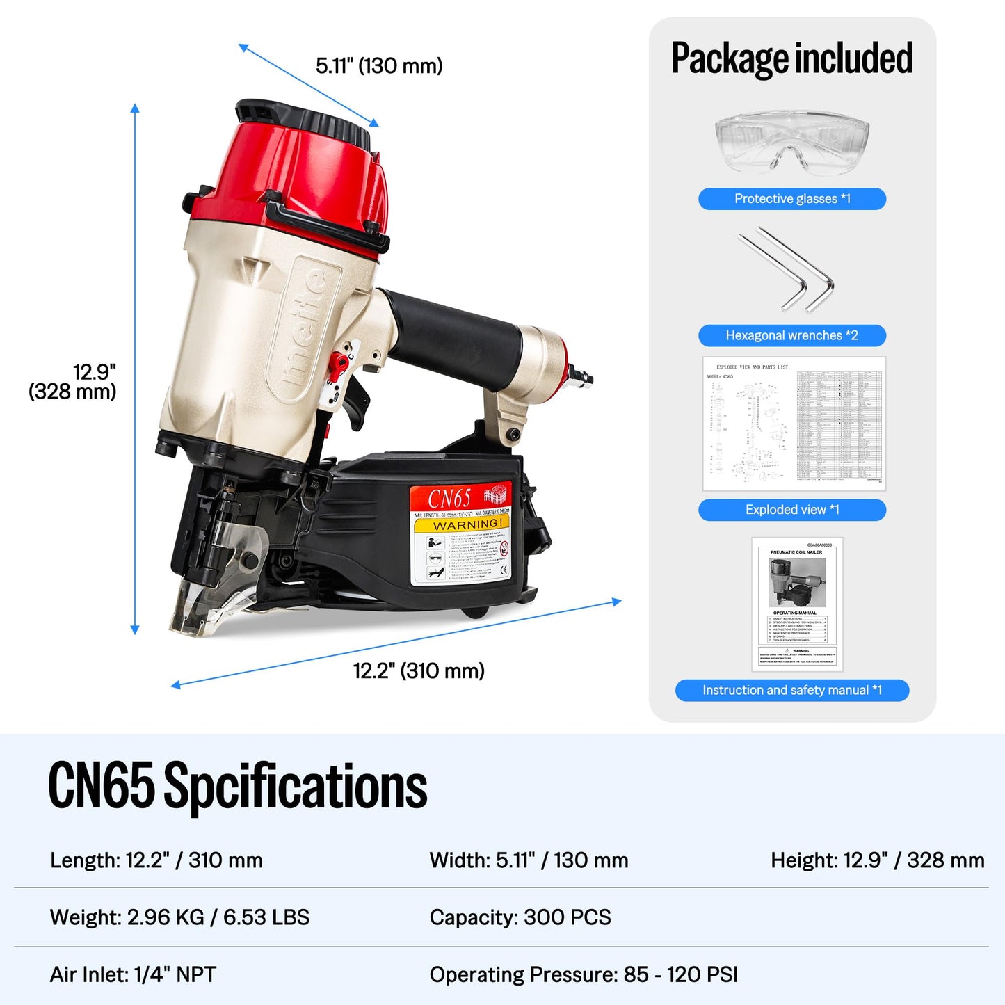 meite CN65 Siding Nailer 15 Degree Coil Siding Nailer Gun for Heavy-Duty Fencing Decking Sheathing, Pneumatic Siding Nail Gun with Tool-Free Depth Adjustment, Drives 1-1/2" to 2-1/2" Coil Siding Nails
