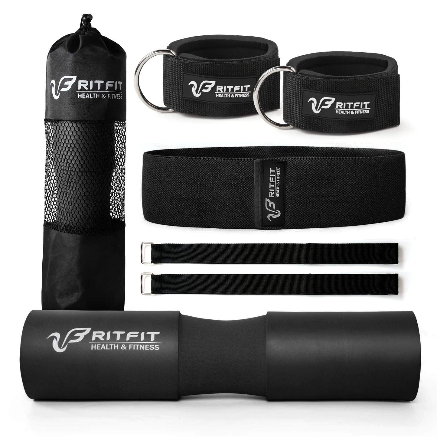 RitFit 7 Pcs Barbell Squat Pad Set, with Resistance Band, 2 Safety Straps, 2 Gym Ankle Straps & Carry Bag, Upgraded Neck & Shoulder Protective Pad Support for Squats, Lunges & Hip Thrust (Pink/Black)