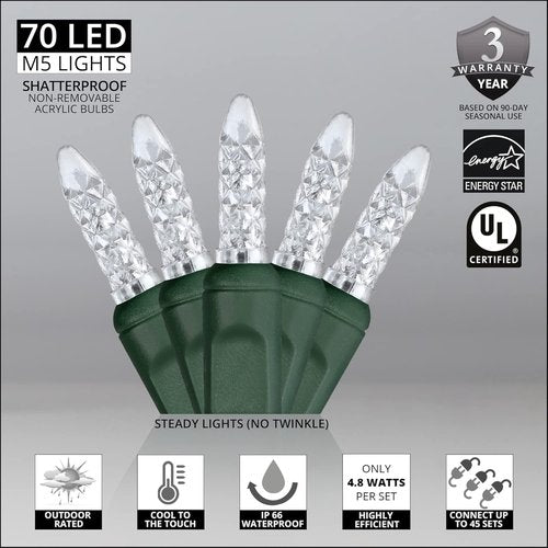 Cool White LED Christmas Lights by M5 - 24 Ft, 70 Count, Indoor/Outdoor, Commercial Grade Mini String