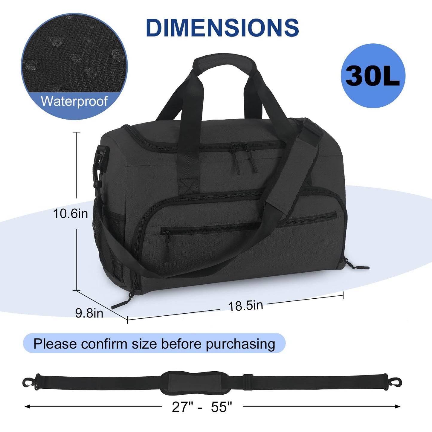 Gym Bag for Men Women, Sports Duffle Bags with Wet Pocket & Shoes Compartment, Water Resistant Overnight Duffel Bag - Light Black