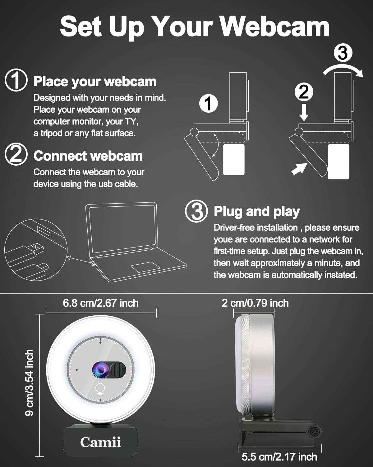 Camii 2K Webcam with Light, HD Webcam for PC with Built-in Privacy Cover, Adjustable Brightness, Noise Reduction Mics